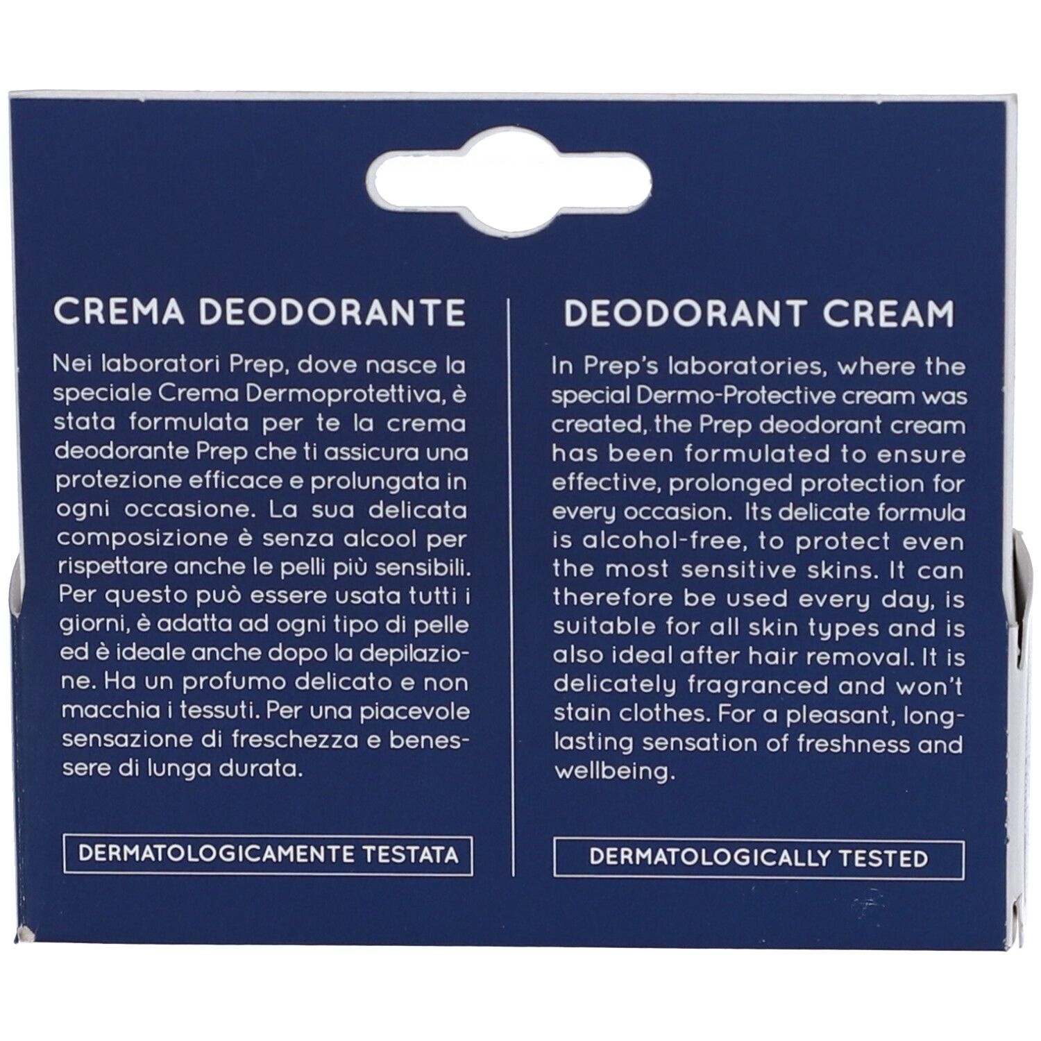 Retro della scatola. Testo in tedesco e inglese. Informazioni sul prodotto. Dermatologicamente testato.
