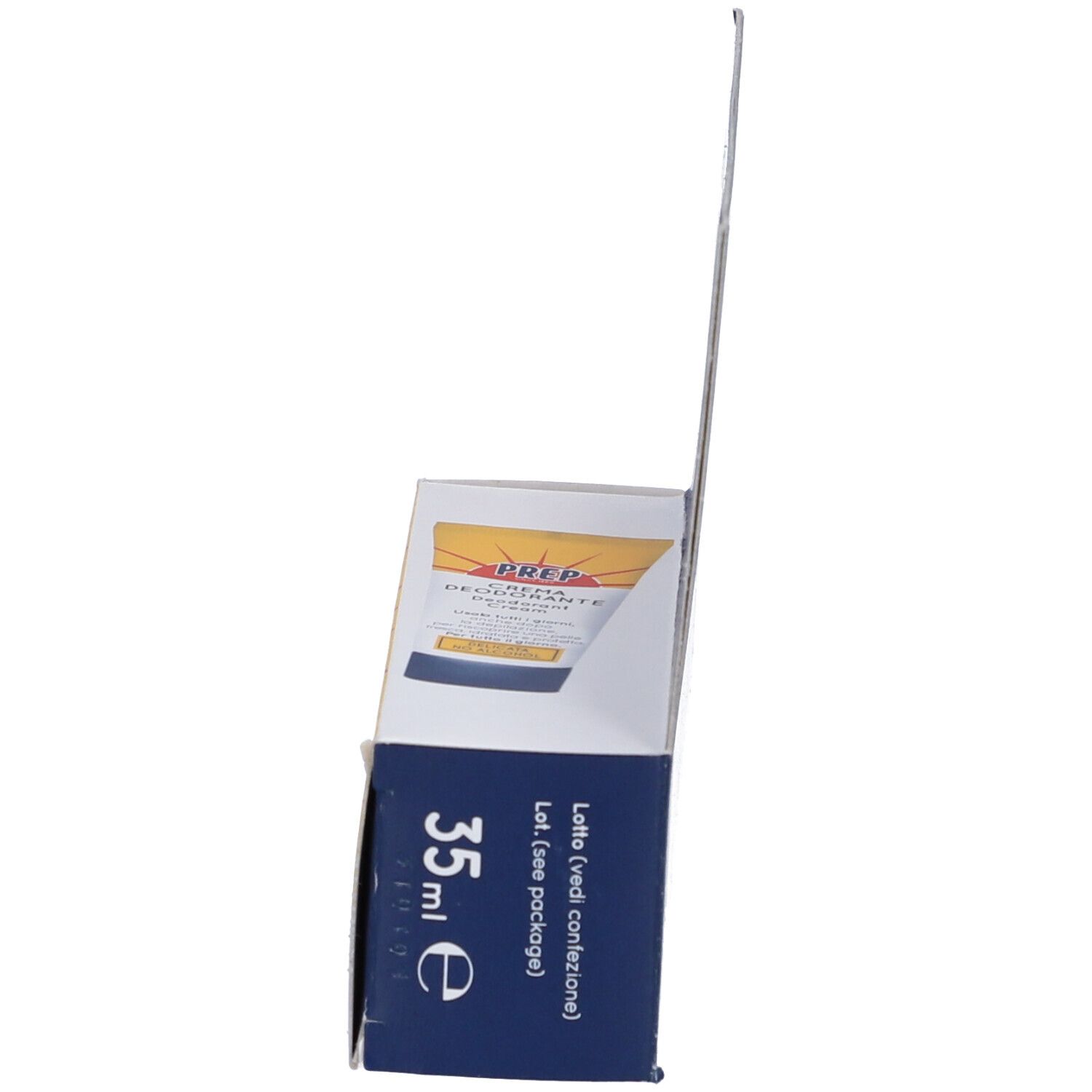 Scatola, vista laterale. Logo PREP e testo. Prodotto: Crema Deodorante. 35 ml. Marchio E.