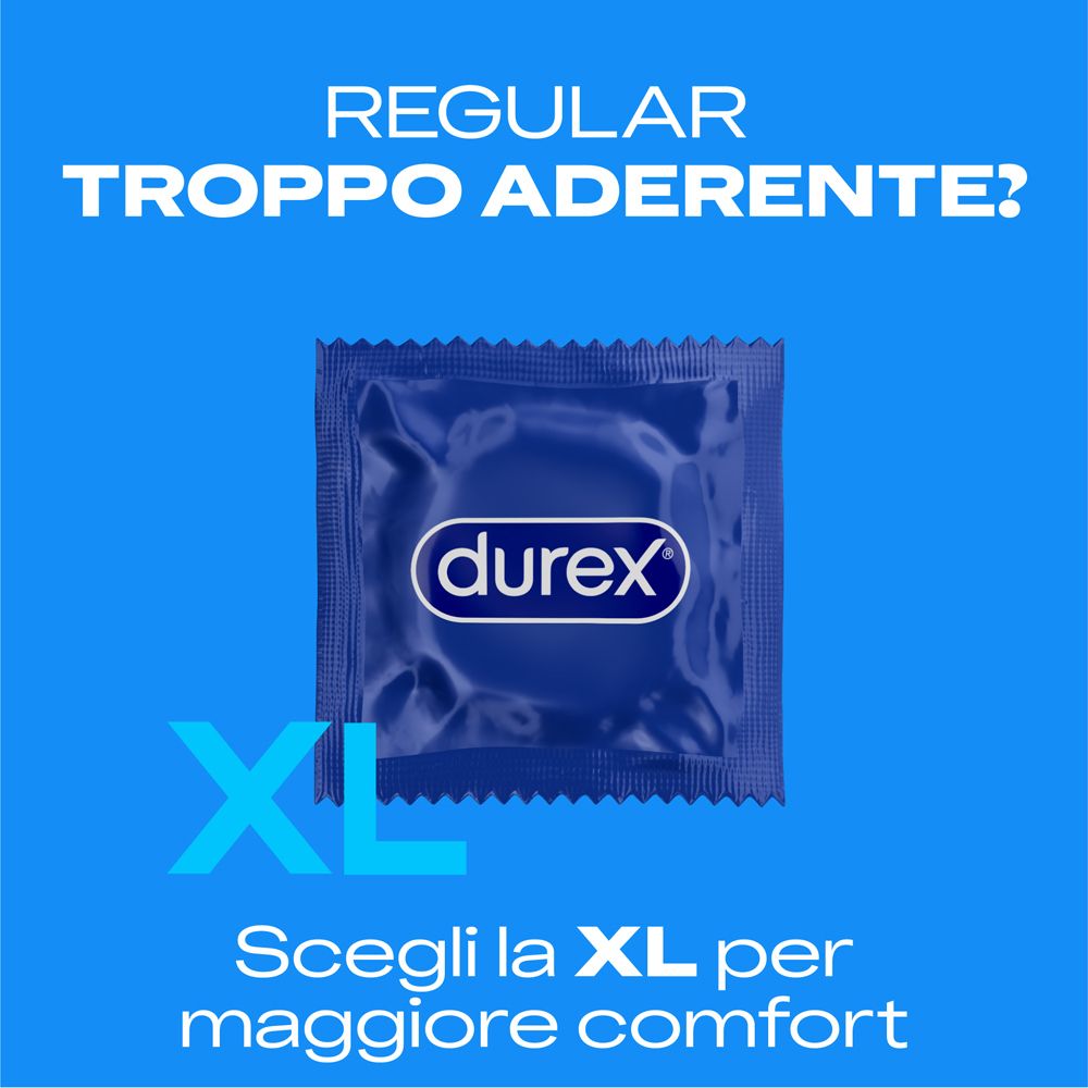 Blauer Kondom-Packung mit Durex Logo. "XL" und "Scegli la XL per maggiore comfort".