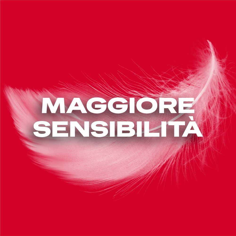 Eine weiße Feder auf rotem Hintergrund mit der Aufschrift "MAGGIORE SENSIBILITÀ".