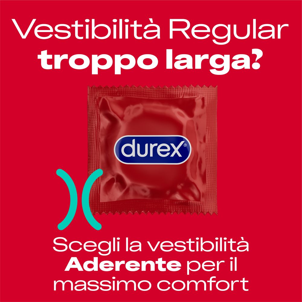 Eine rote Durex-Kondomverpackung mit Text über Passform und Komfort.