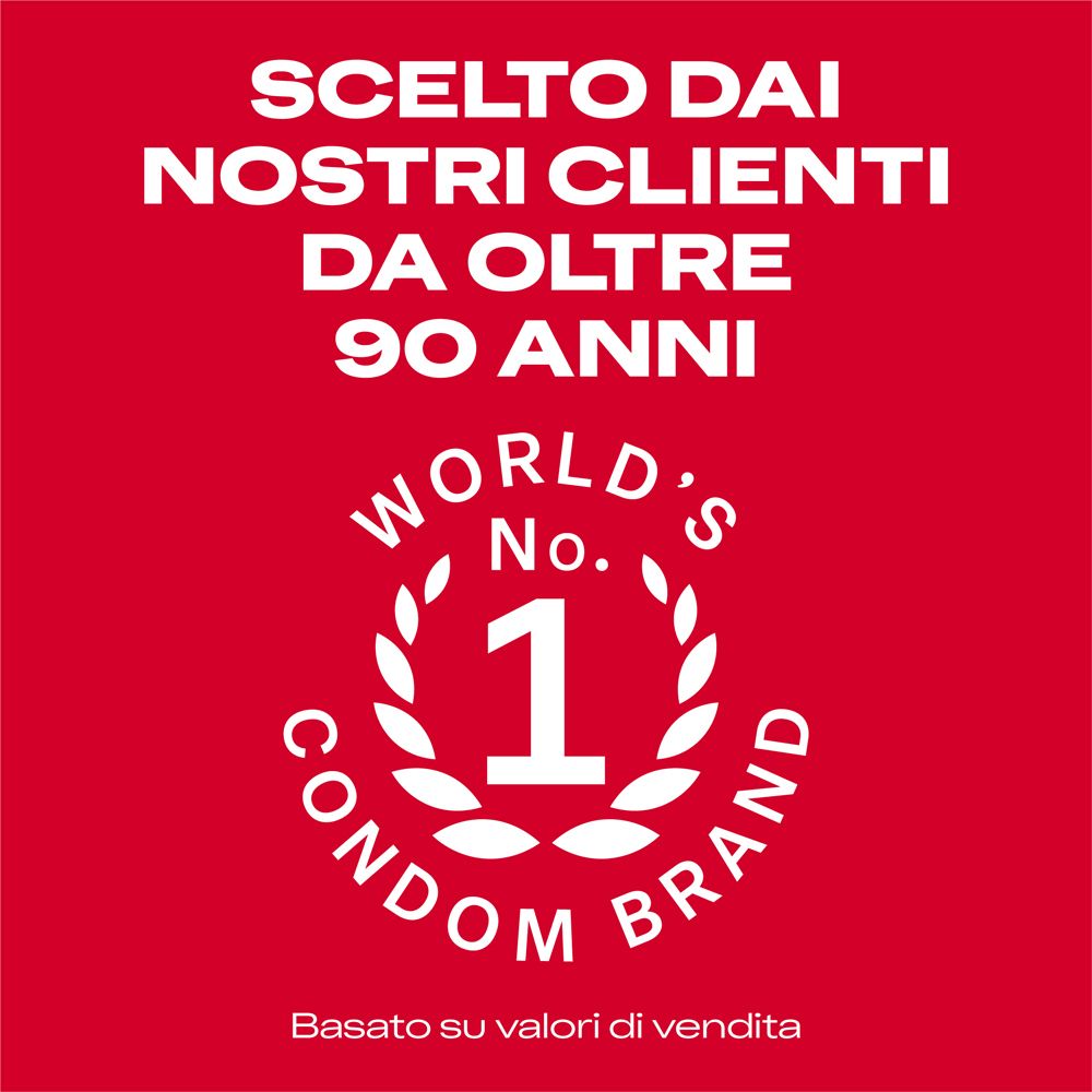 Durex-Verpackung mit Aufschrift 'World's No. 1 Condom Brand'. Roter Hintergrund.