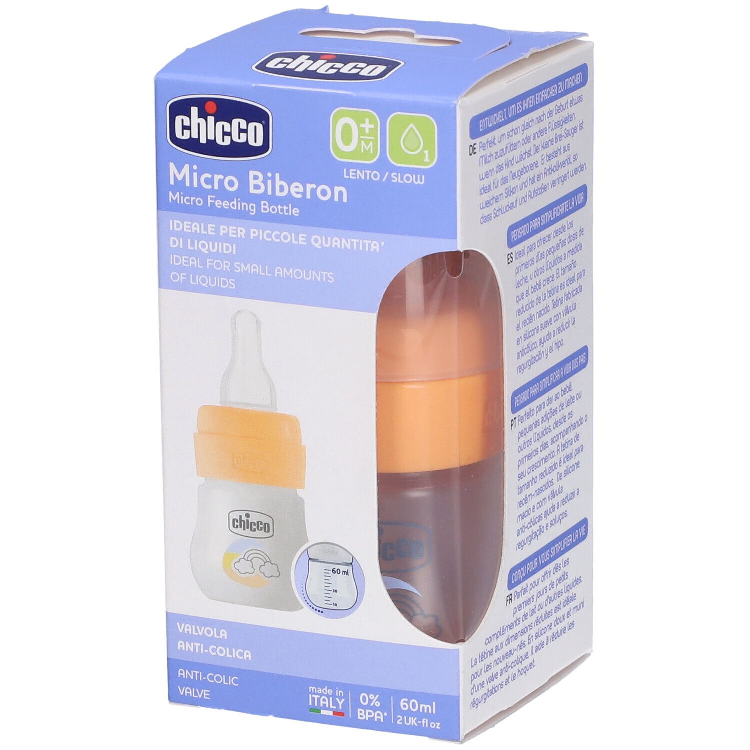Confezione con biberon. Collo arancione e tettarella. Finestra mostra la bottiglia. Testo: Chicco Micro Biberon, 0M+, 60ml.