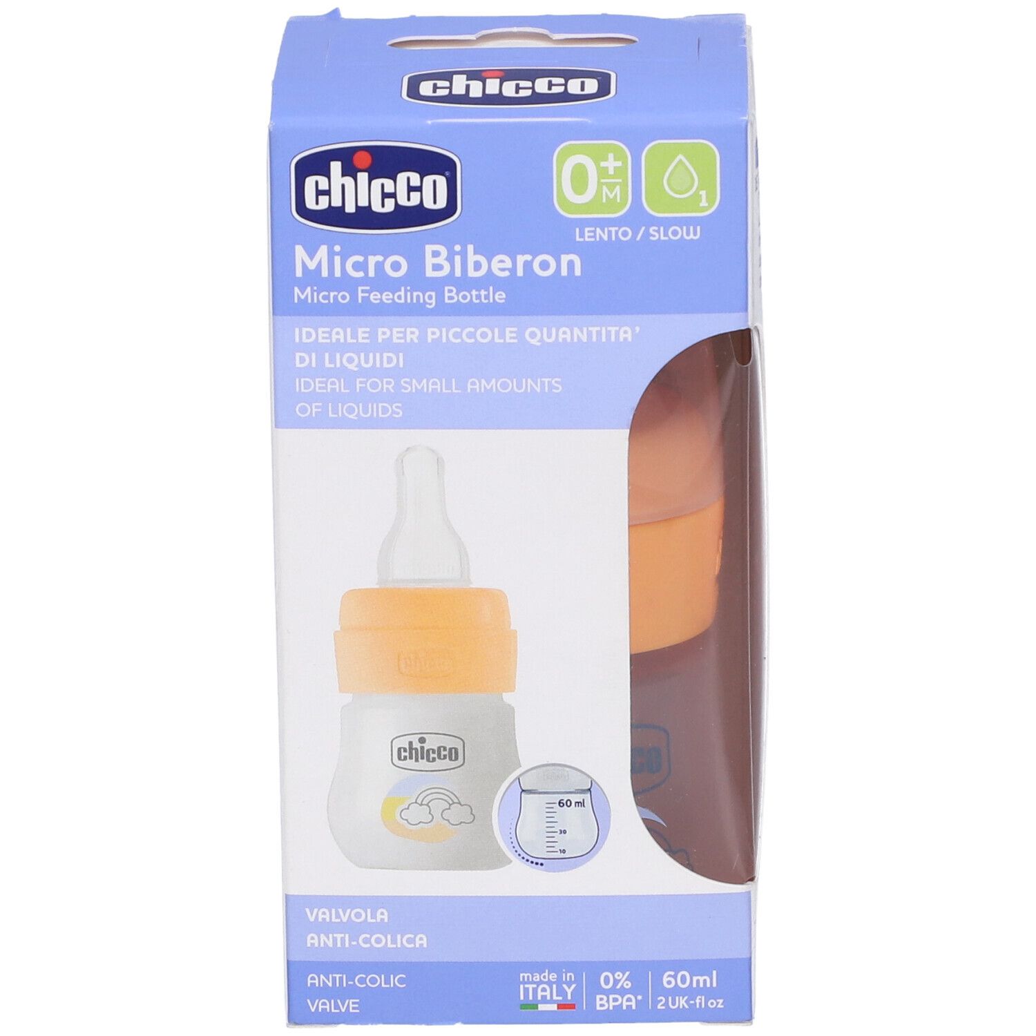 Confezione con biberon. Collo arancione e tettarella. Testo: Chicco Micro Biberon, 0M+, 60ml.