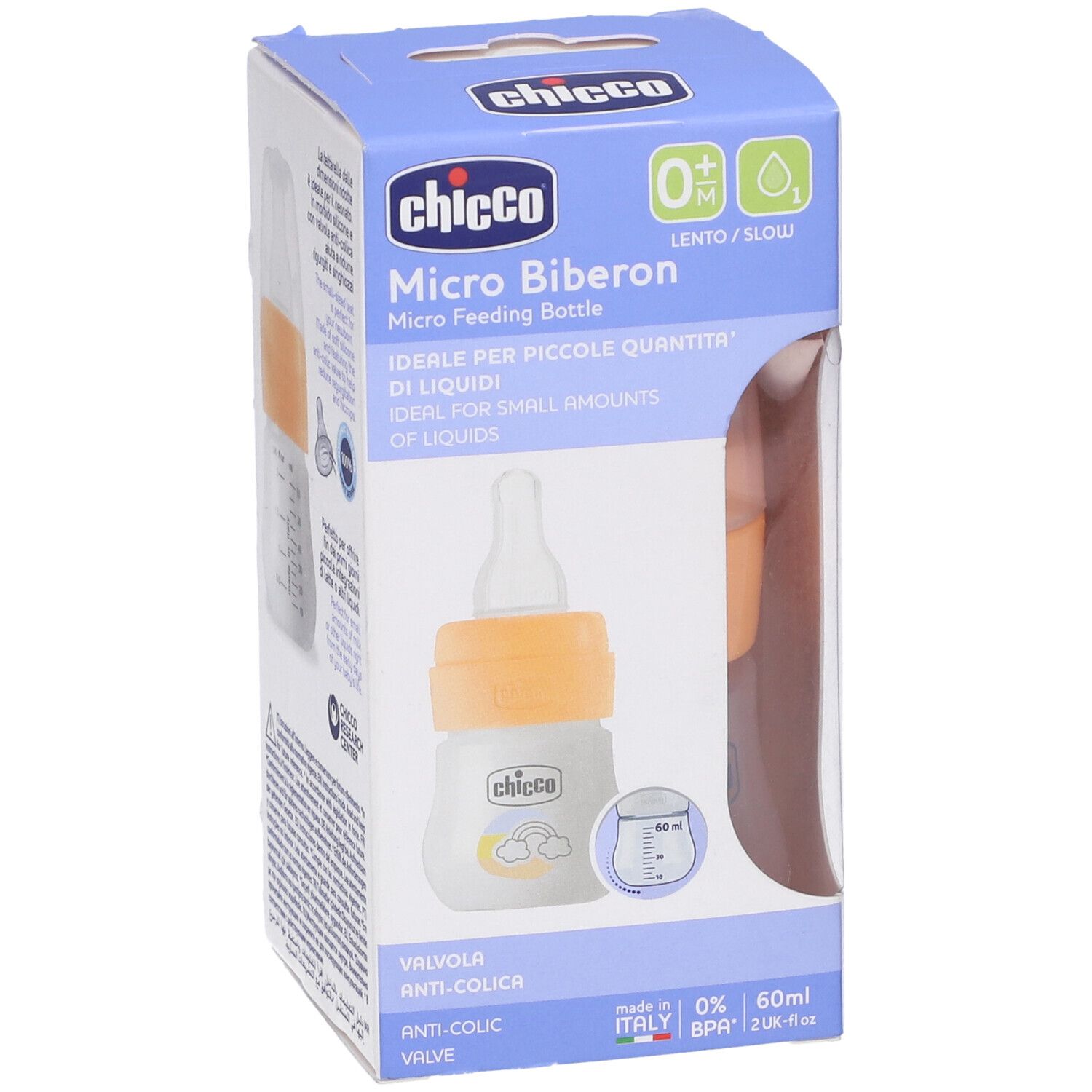 Confezione con biberon. Collo arancione e tettarella. Testo: Chicco Micro Biberon, 0M+, 60ml.