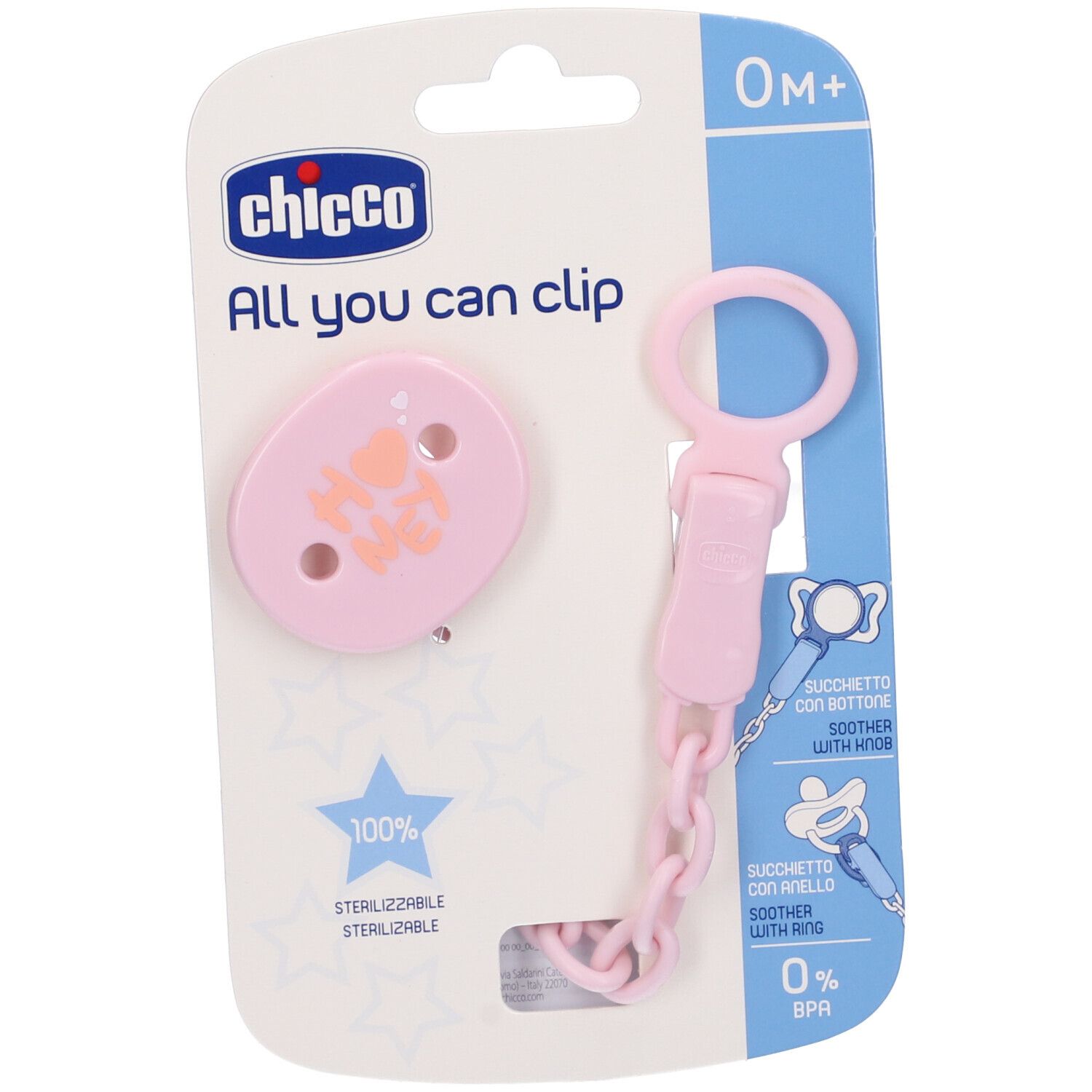 Portaciuccio rosa con catena e clip, su confezione con logo e testo. Sterilizzabile.