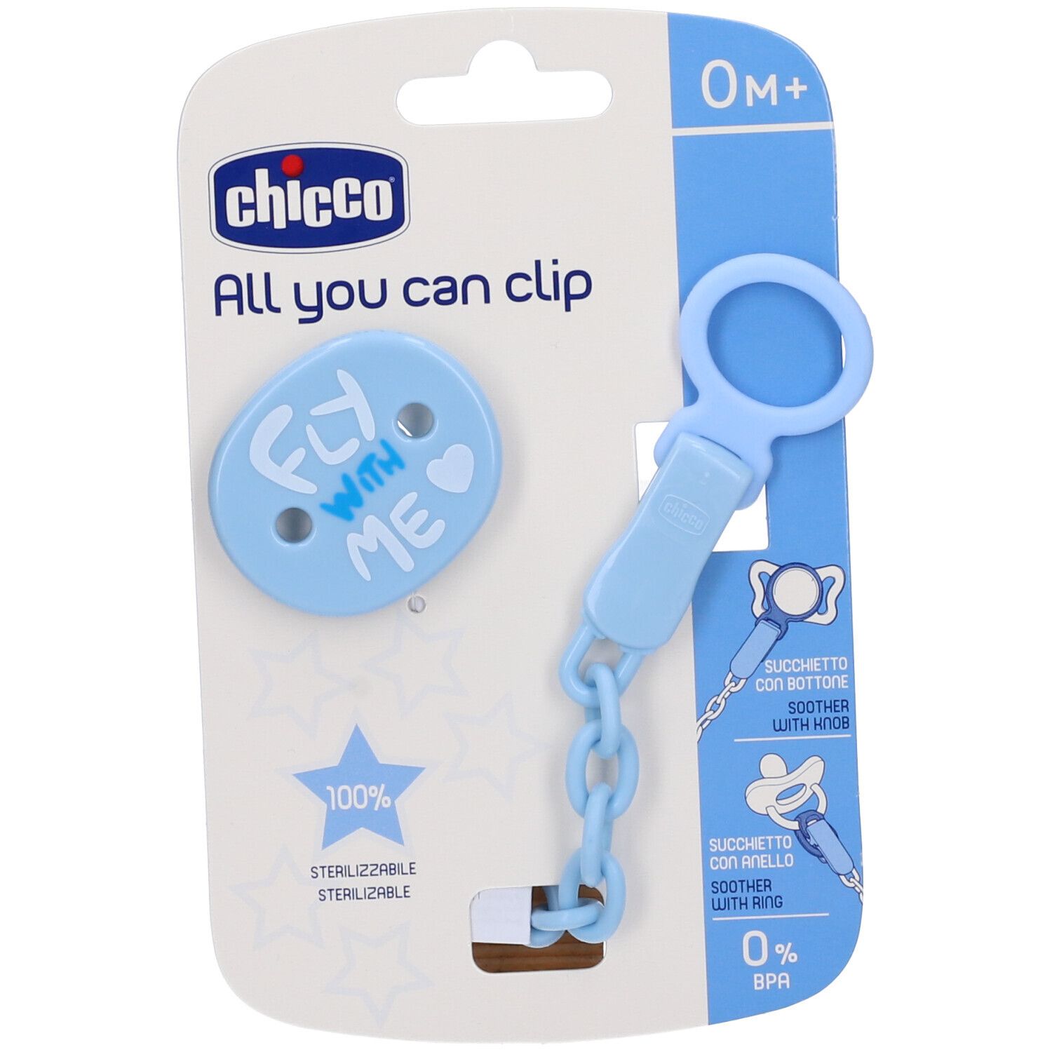Portaciuccio blu con catena e clip, confezionato. Marchio Chicco, testo: All you can clip, Fly with me.