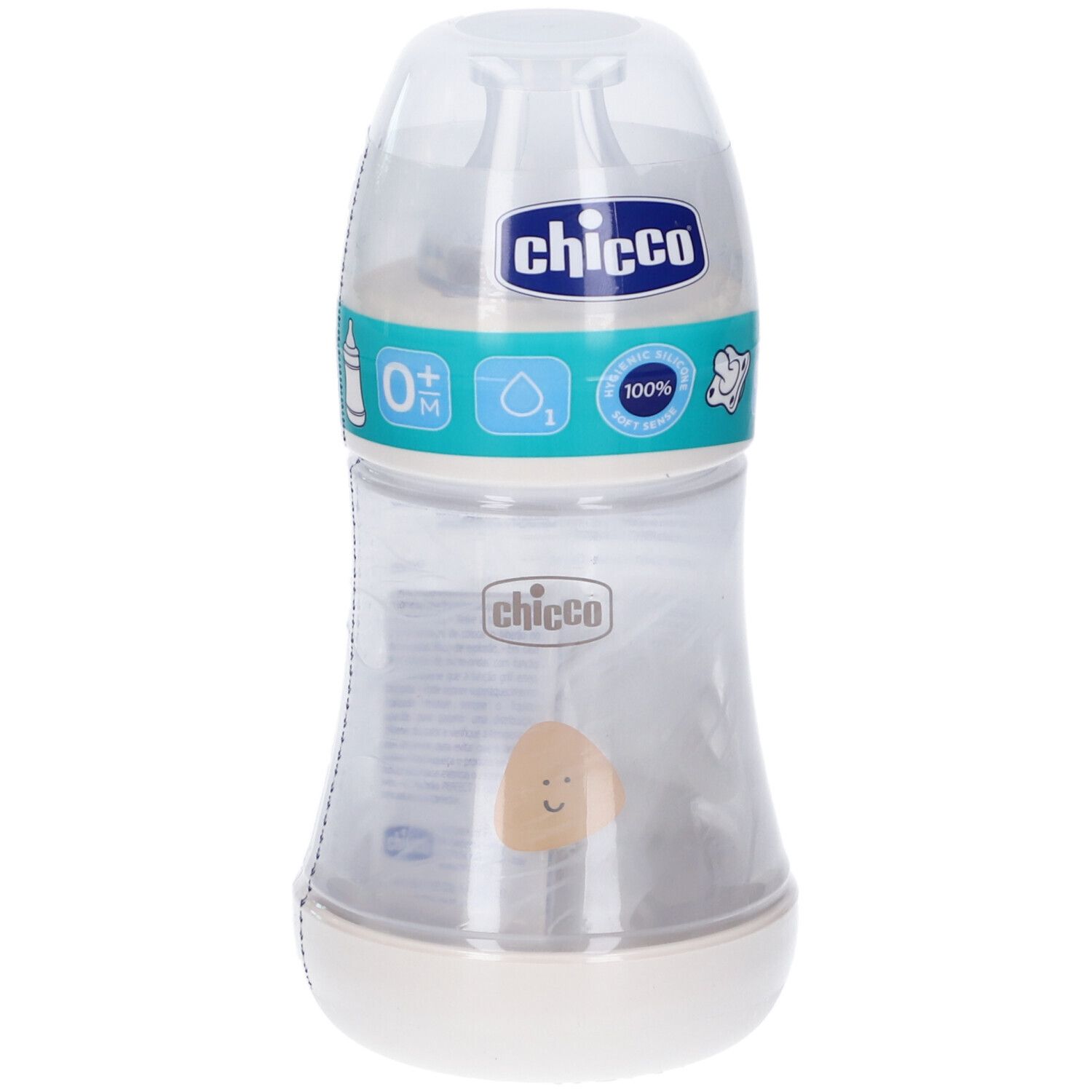 Biberon trasparente con base e tappo bianchi. Fascia blu con logo "chicco".