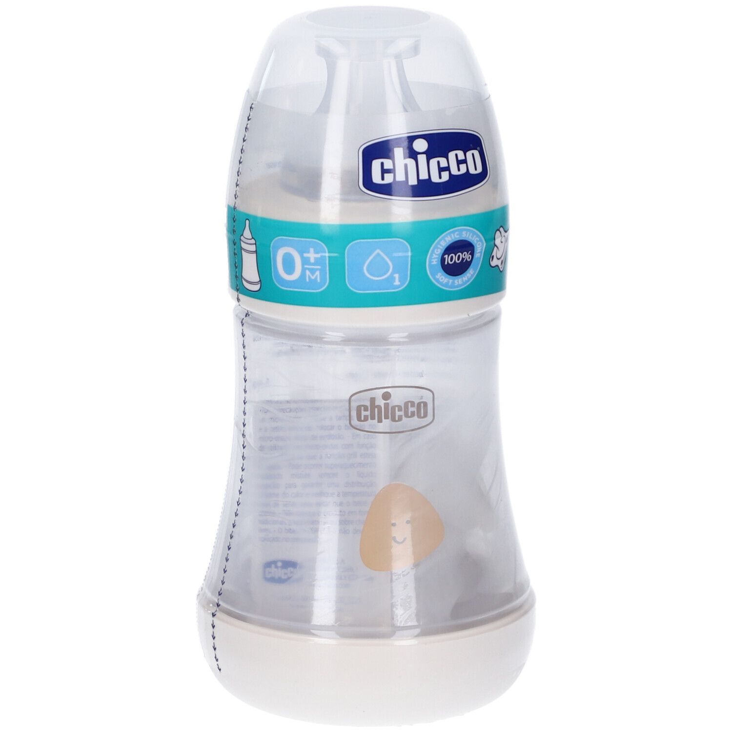 Biberon trasparente con base e tappo bianchi. Fascia blu con logo "chicco".
