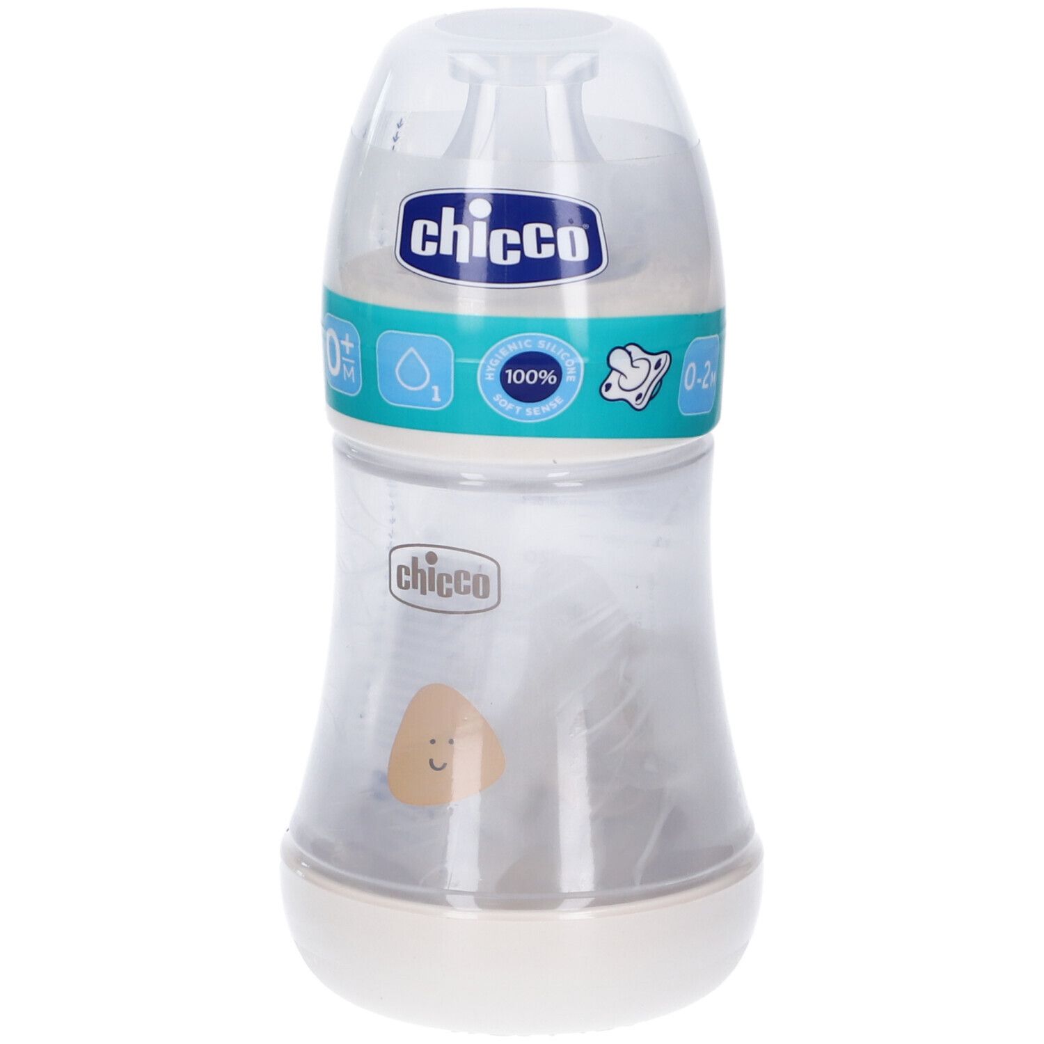 Biberon trasparente con base e tappo bianchi. Fascia blu con logo "chicco".