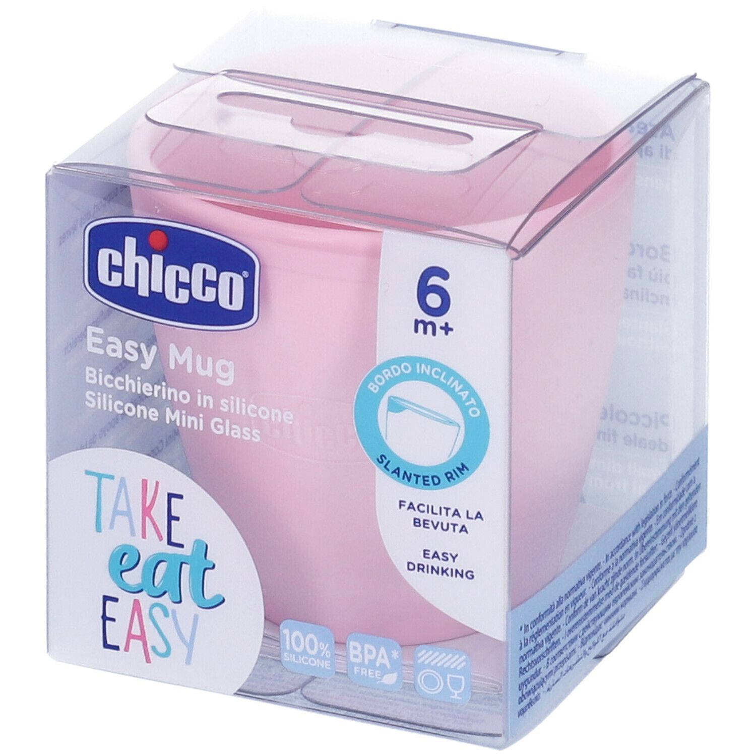 Tazza in silicone rosa in confezione trasparente. Scritta: Chicco, Easy Mug, 6m+. Senza BPA.