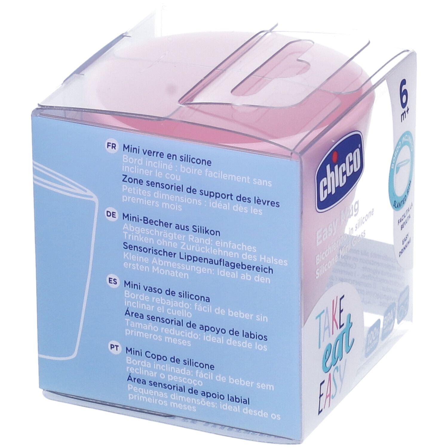 Confezione con tazza in silicone rosa. Testo: Mini vaso di silicone, 6m+. Informazioni in italiano, francese, tedesco, spagnolo.