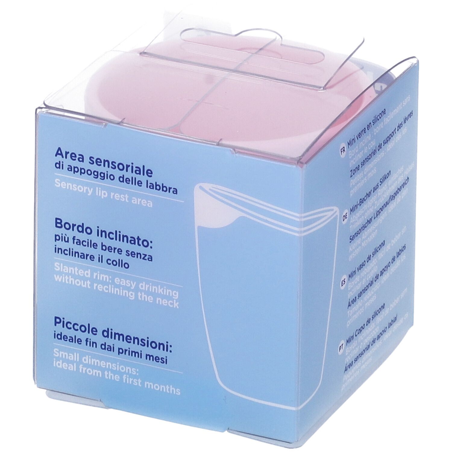 Confezione con tazza in silicone rosa. Testo: Area sensoriale di appoggio delle labbra, Bordo inclinato, Piccole dimensioni.