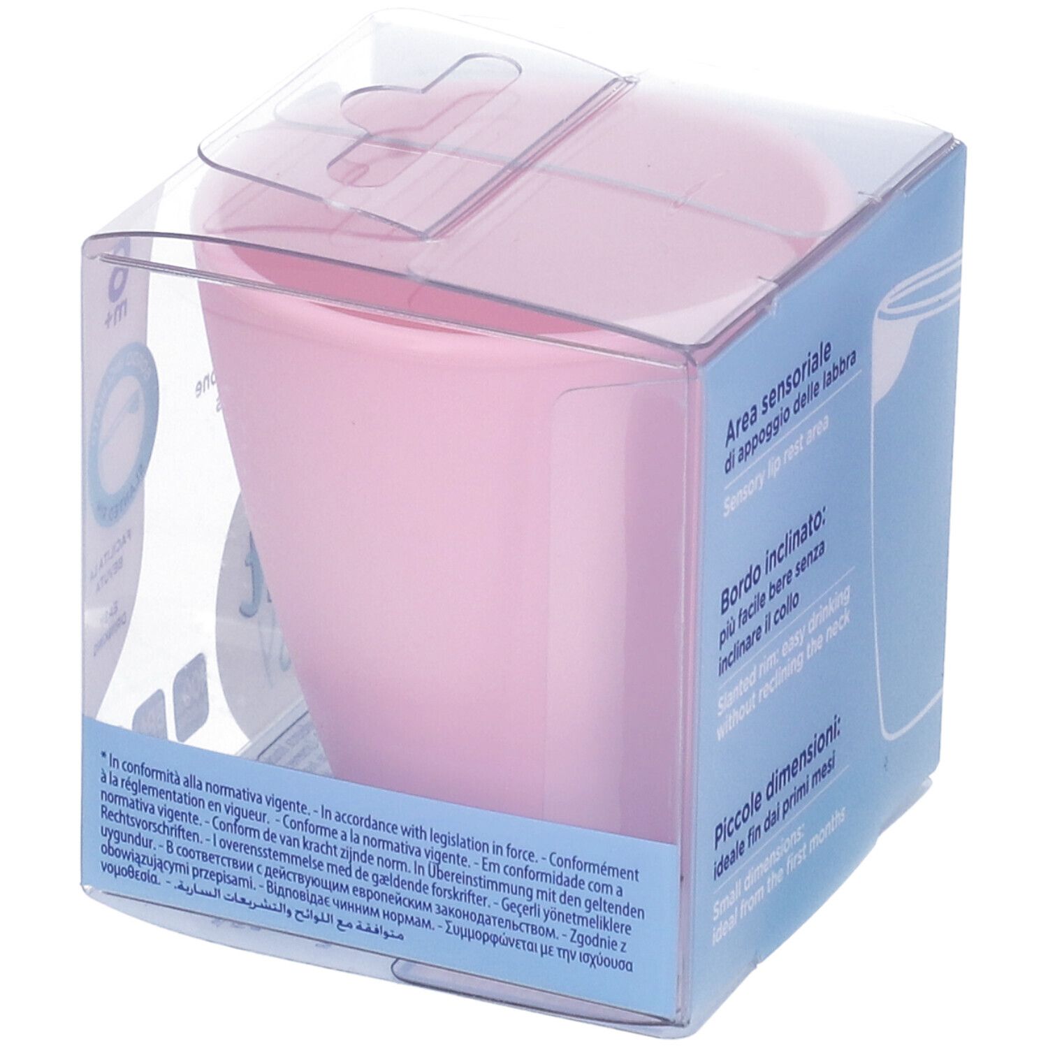 Tazza in silicone rosa in confezione trasparente. Scritta: Area sensoriale di appoggio delle labbra, Bordo inclinato, Piccole dimensioni.