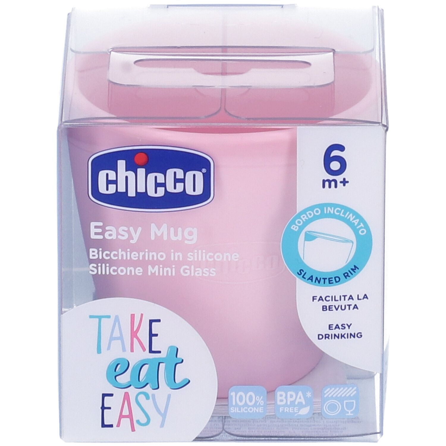 Tazza in silicone rosa in confezione. Scritta: Chicco, Easy Mug, 6m+, senza BPA, Slanted Rim, Take Eat Easy.