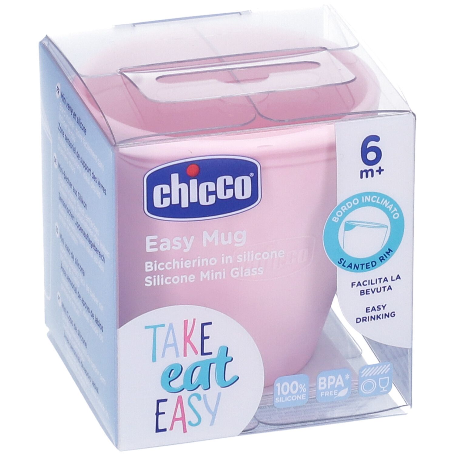 Tazza in silicone rosa in confezione. Scritta: Chicco, Easy Mug, 6m+, senza BPA, Slanted Rim, Take Eat Easy.