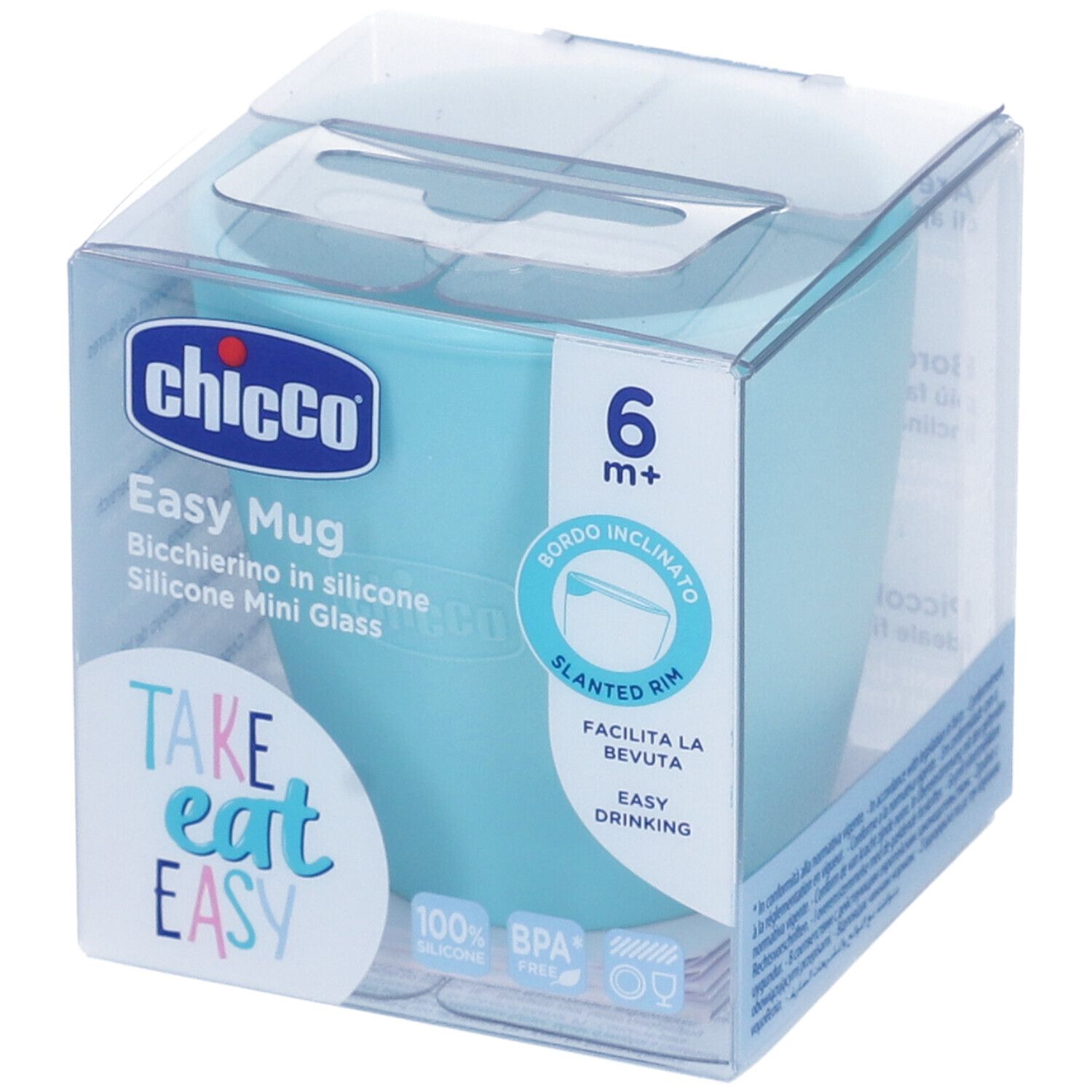 Bicchiere in silicone azzurro in confezione trasparente. Scritte: Chicco, Easy Mug, 6m+, senza BPA.
