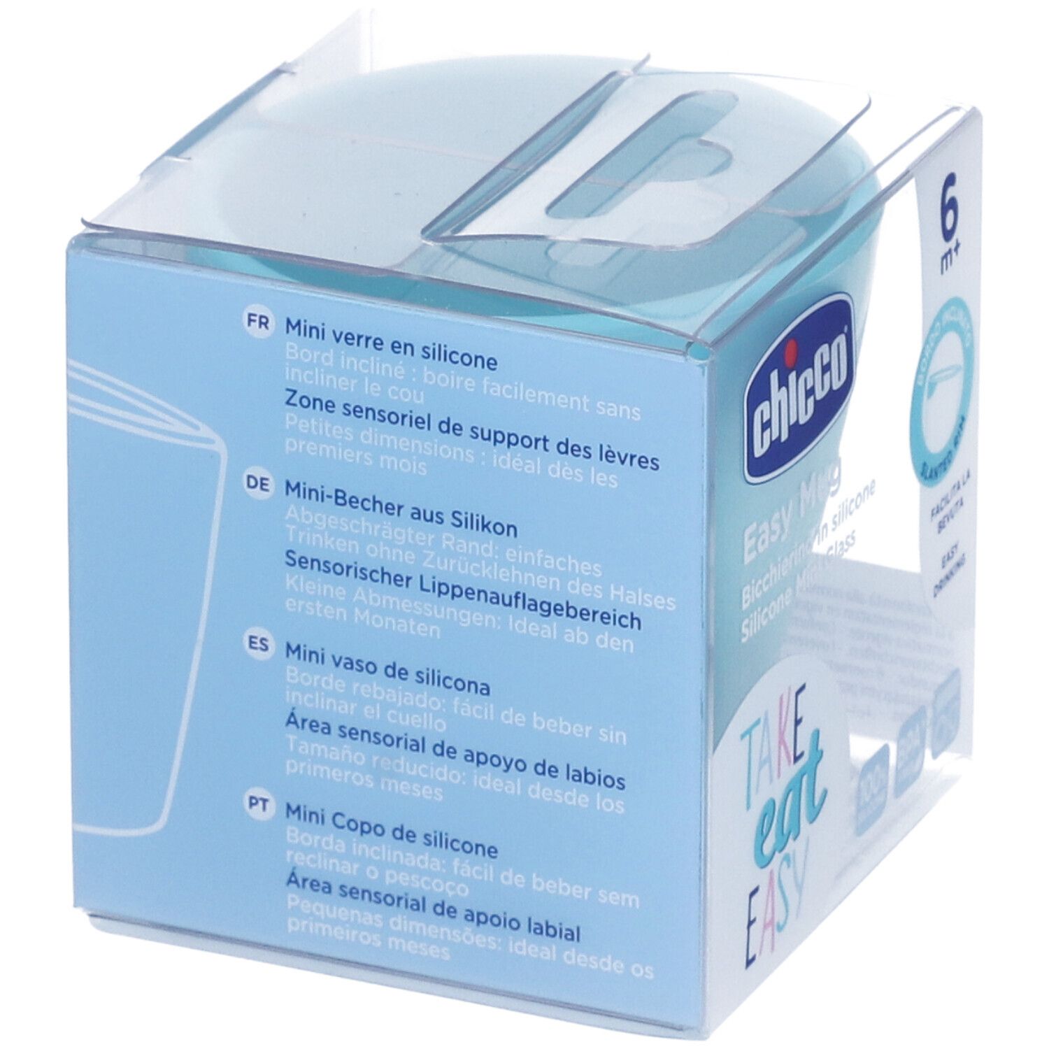 Confezione con informazioni sul prodotto. Testo in tedesco, francese, italiano, spagnolo e portoghese. Bicchiere visibile.