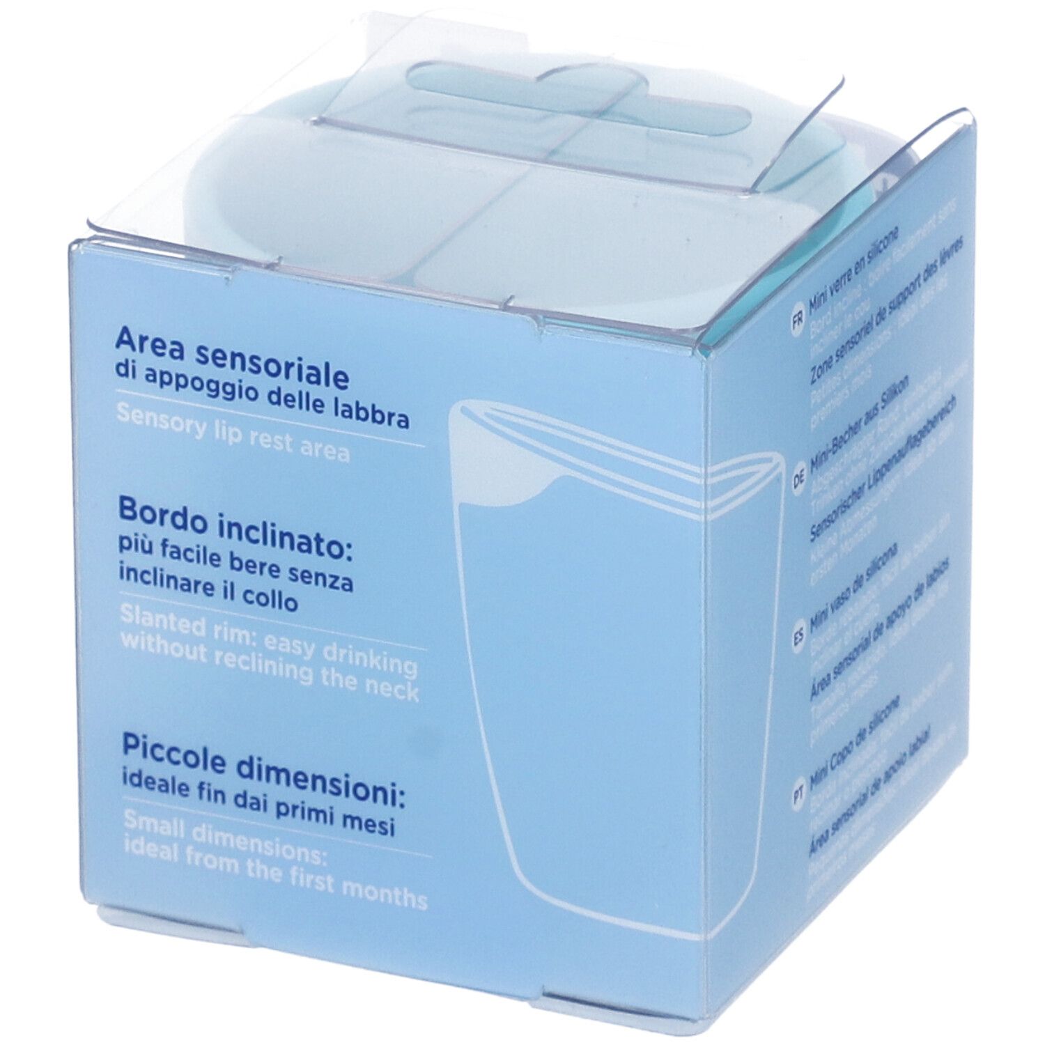 Confezione azzurra con informazioni sul prodotto. Testo in italiano e inglese. Bicchiere parzialmente visibile.