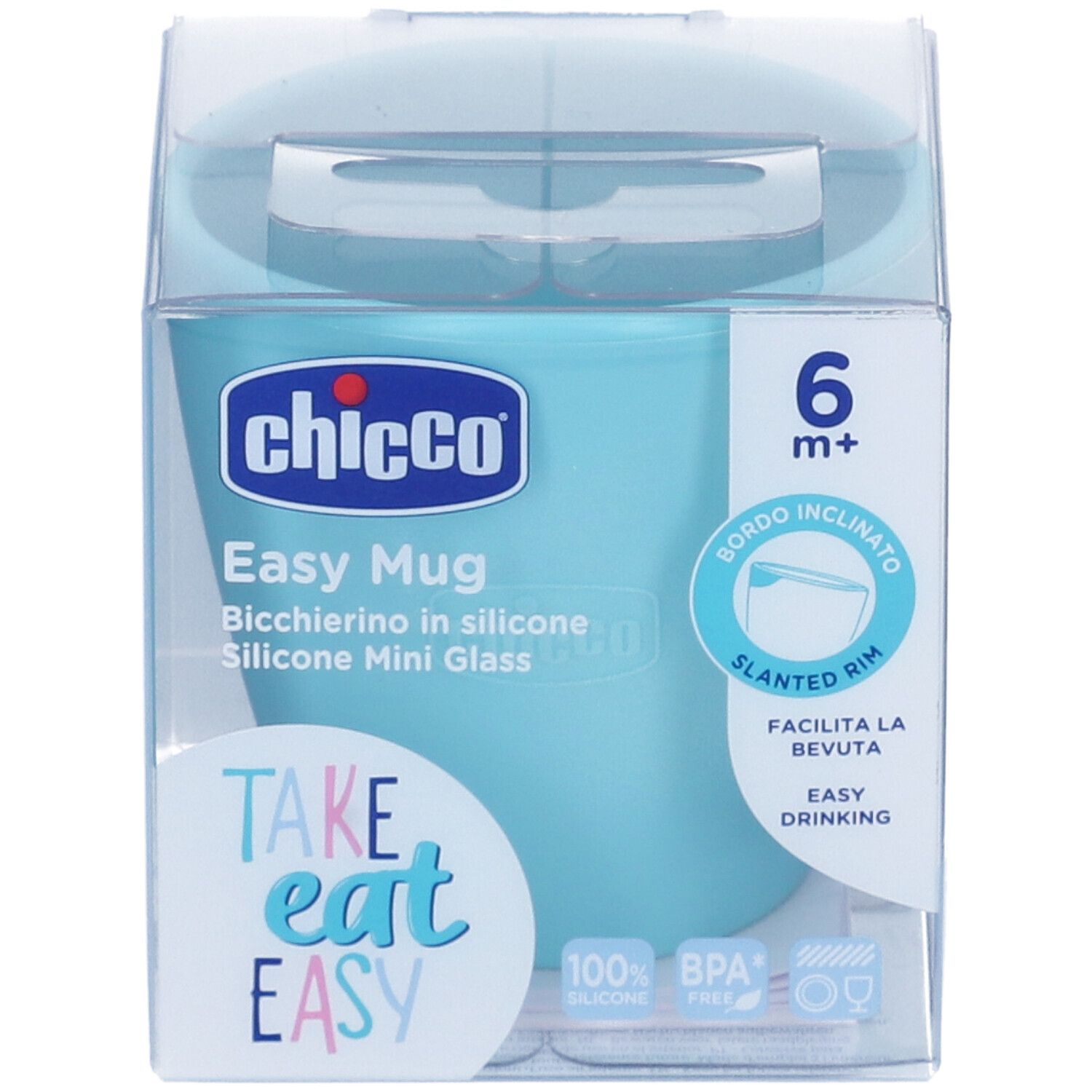 Bicchiere in silicone azzurro in confezione trasparente. Scritte: Chicco, Easy Mug, 6m+, senza BPA.