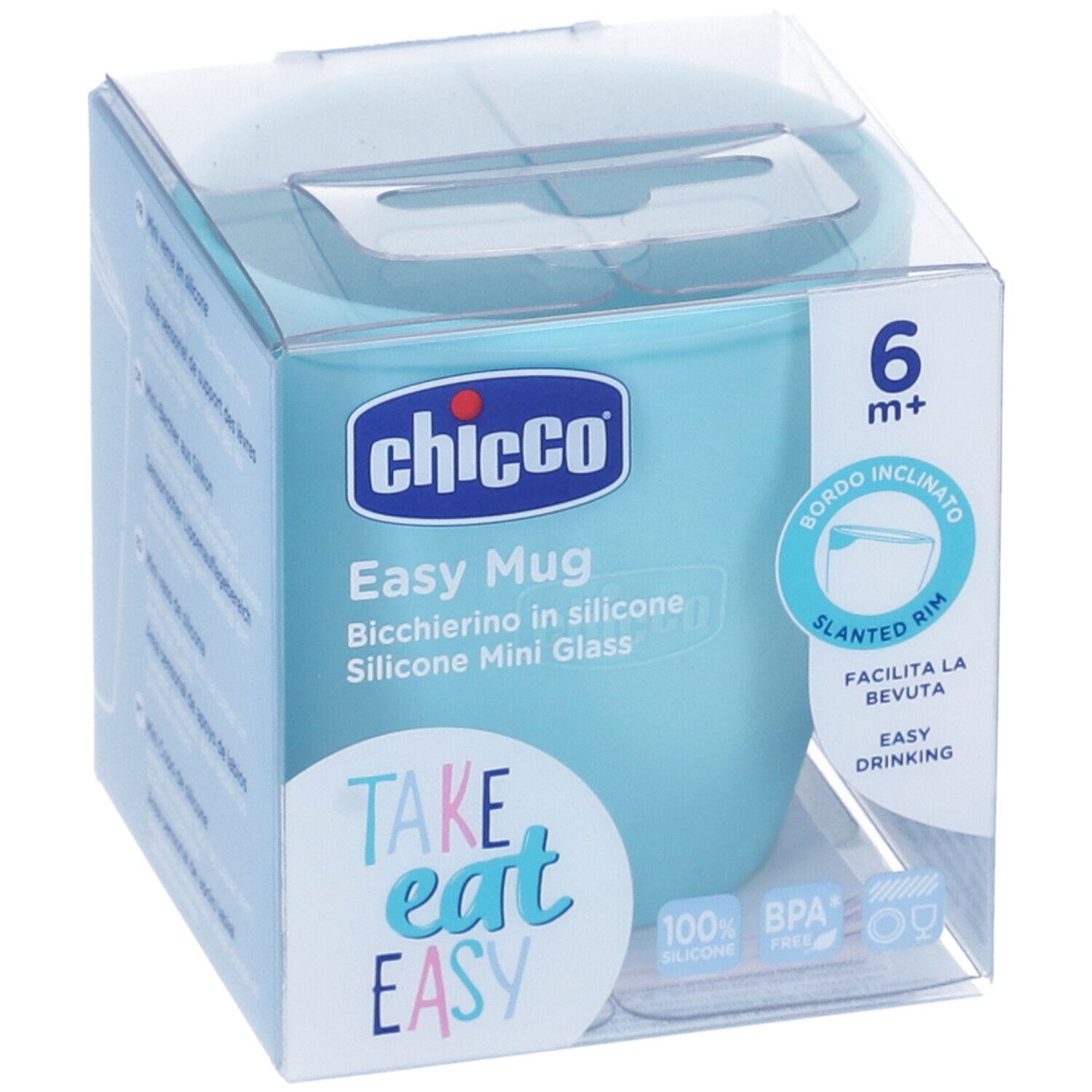 Bicchiere in silicone azzurro in confezione trasparente. Scritte: Chicco, Easy Mug, 6m+, senza BPA.