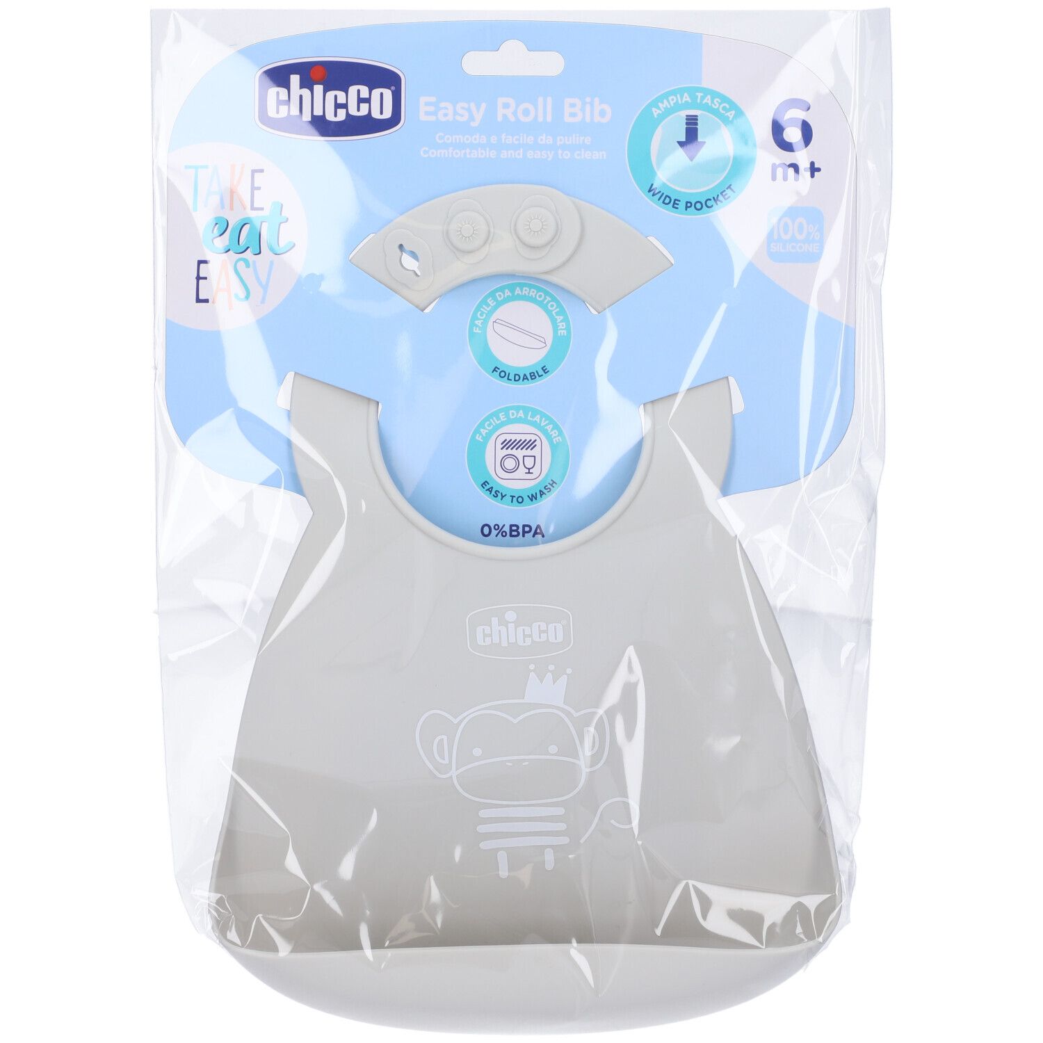 Bavaglino in silicone grigio chiaro, tasca. Confezionato. Marchio Chicco. Indicazione 6m+.