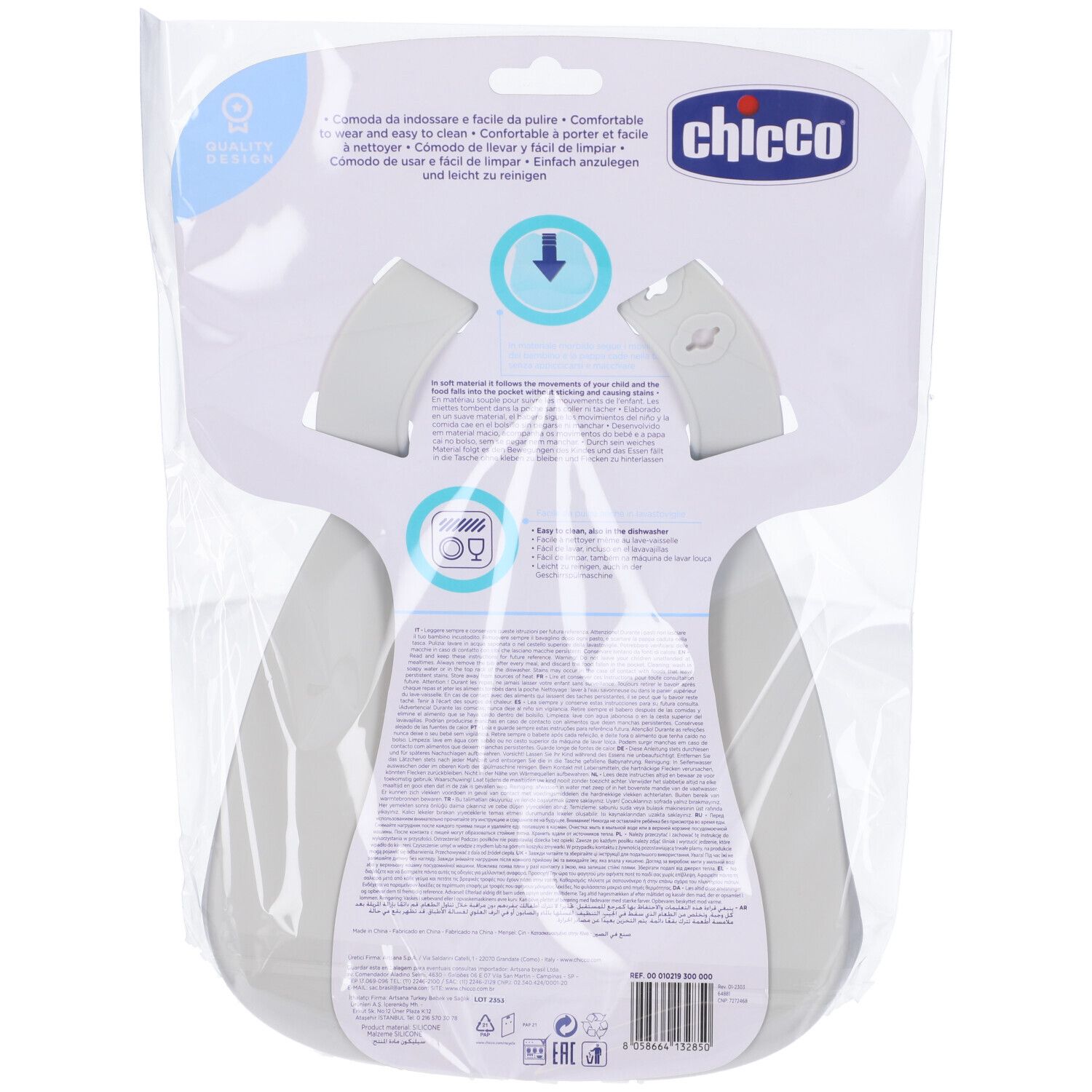 Retro del bavaglino in silicone grigio chiaro. Marchio Chicco. Informazioni sul prodotto.