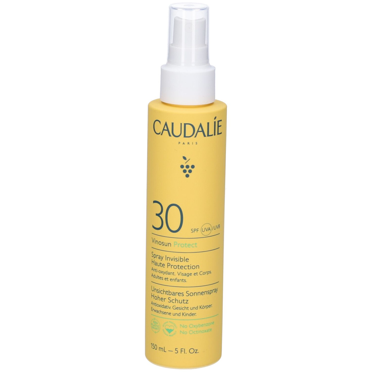 Flacone giallo con vaporizzatore. Caudalie Vinousun Protect 30. Spray solare viso e corpo.