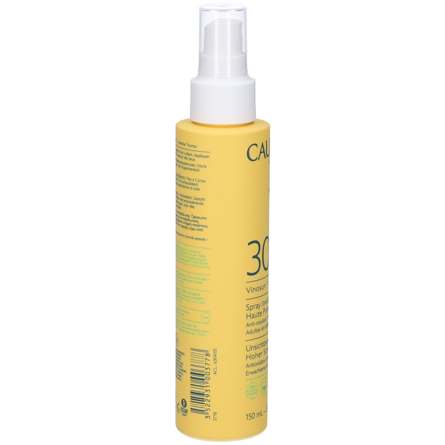 Retro del flacone giallo con vaporizzatore. Caudalie Vinousun Protect 30. Testo e loghi.
