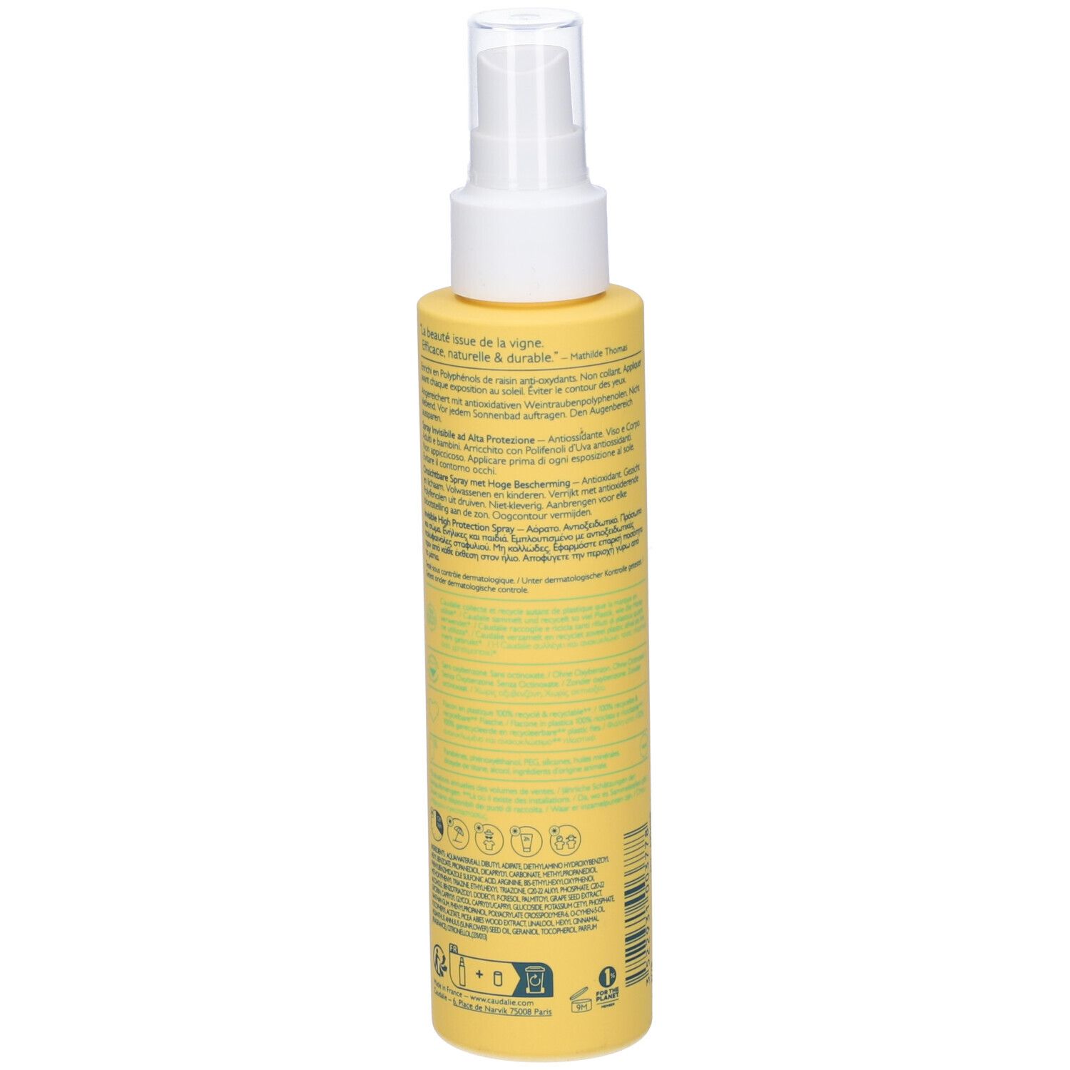 Retro del flacone giallo con vaporizzatore. Caudalie Vinousun Protect 30. Testo e loghi.