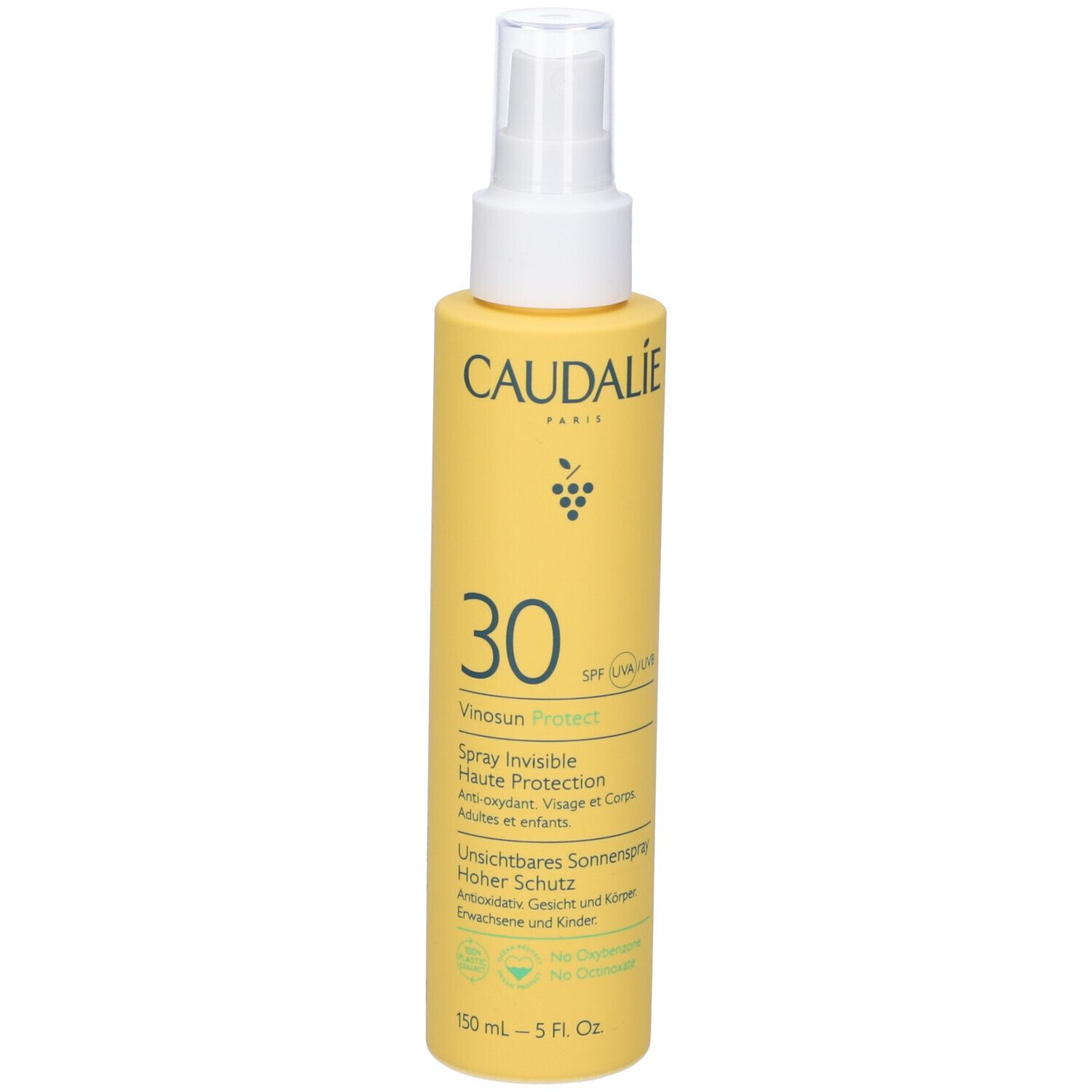 Flacone giallo con vaporizzatore. Caudalie Vinousun Protect 30. Spray solare viso e corpo.