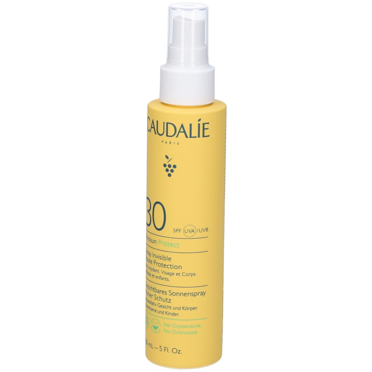 Flacone giallo con vaporizzatore. Caudalie Vinousun Protect 30. Spray solare viso e corpo.