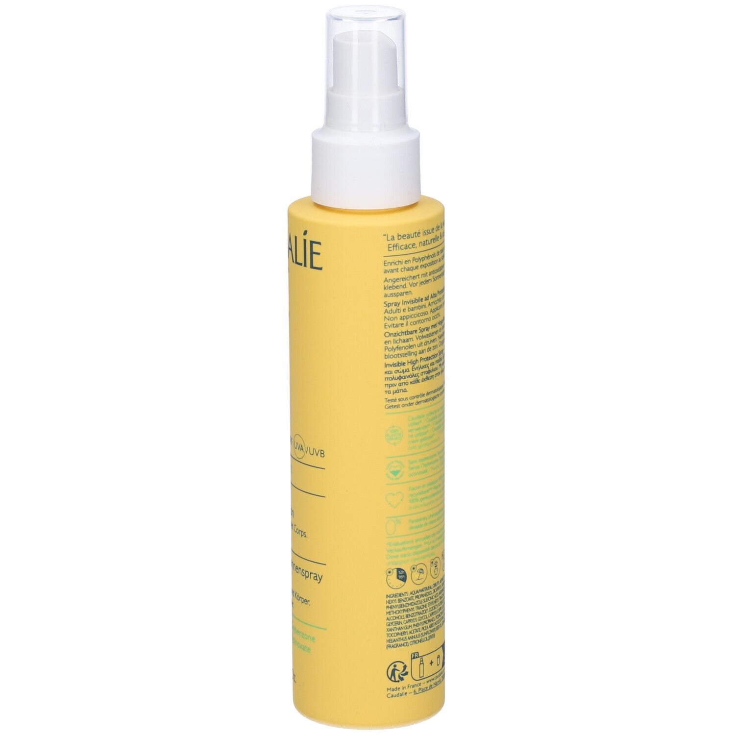 Retro del flacone giallo con vaporizzatore. Caudalie Vinousun Protect 30. Testo e loghi.