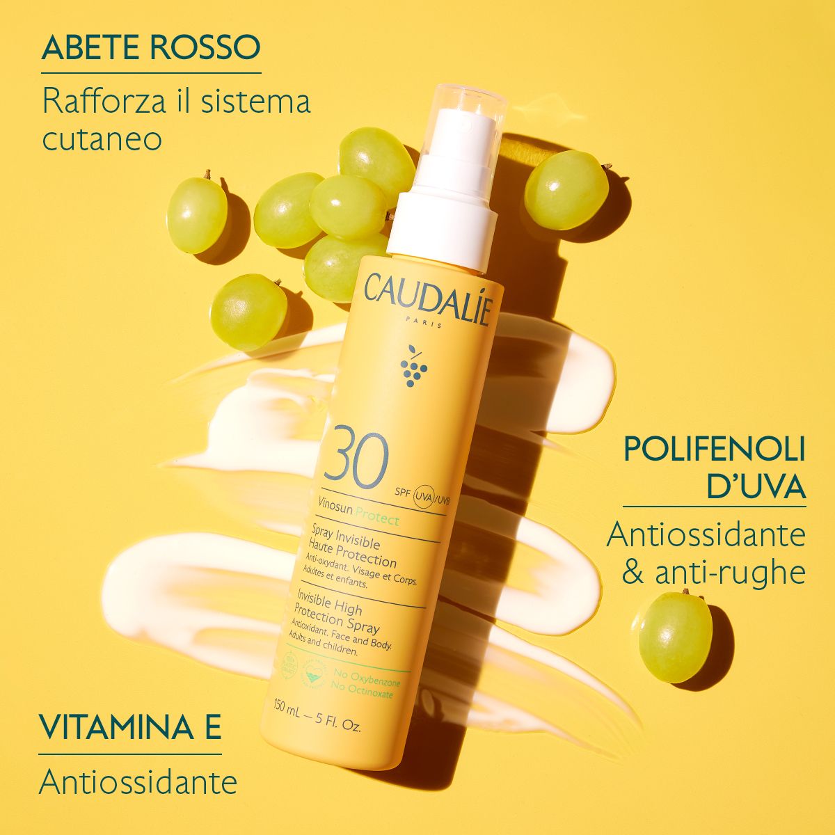 Flacone giallo con vaporizzatore. Caudalie Vinousun Protect 30. Spray solare. Con uva e testo.