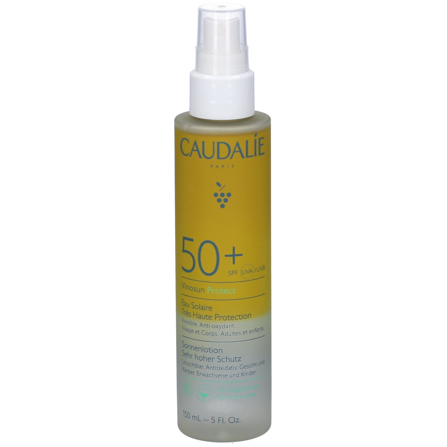 Spray solare. Scritte: Caudalie, 50+, Vinousun Protect, Eau Solaire, SPF50+. Testo in tedesco, francese, italiano.