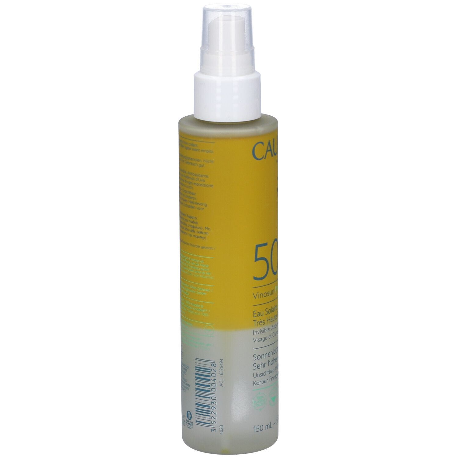 Spray solare. Scritte: Caudalie, 50+, Vinousun Protect, Eau Solaire, SPF50+. Retro con testo.