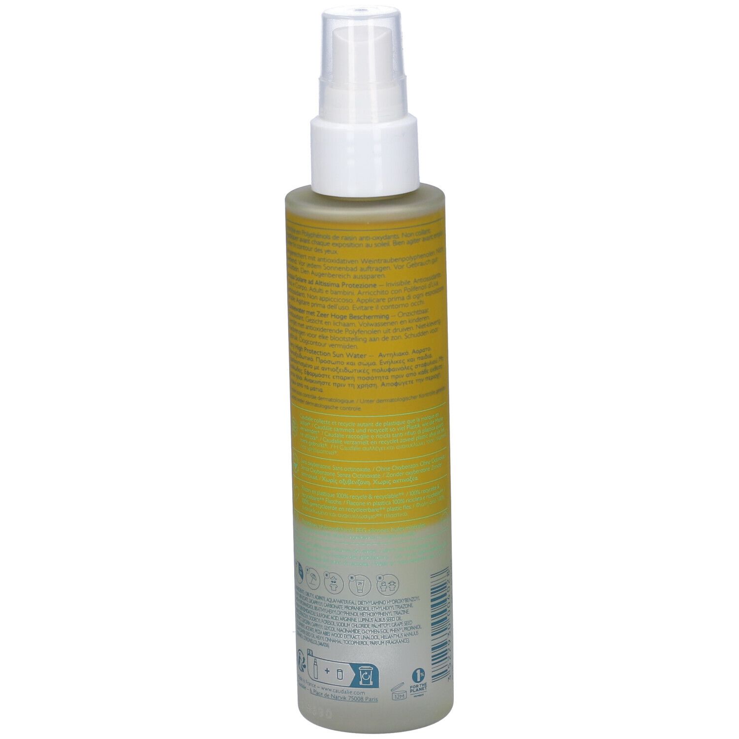Spray solare. Scritte: Caudalie, 50+, Vinousun Protect, Eau Solaire, SPF50+. Retro con testo.