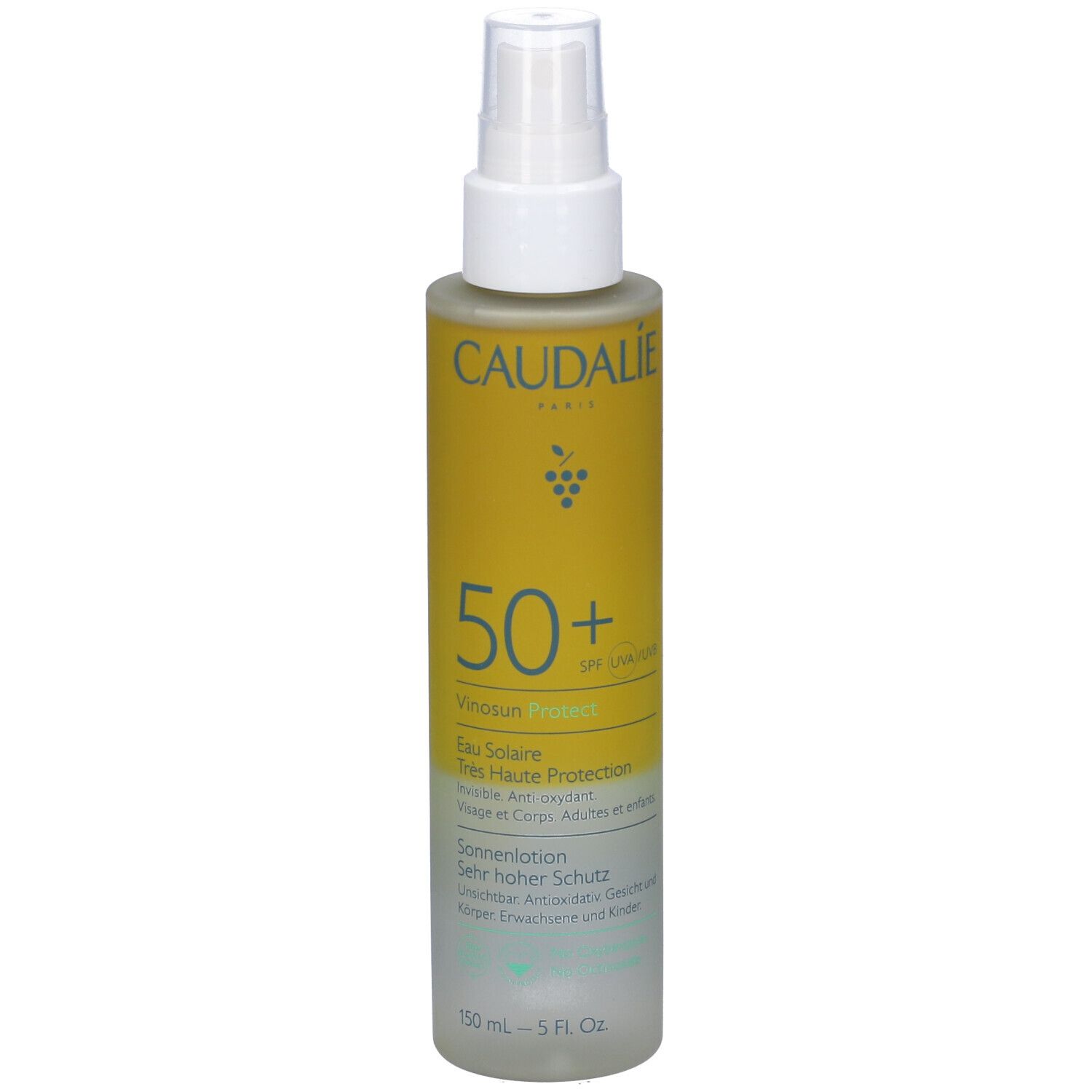 Spray solare. Scritte: Caudalie, 50+, Vinousun Protect, Eau Solaire, SPF50+. Retro con testo.