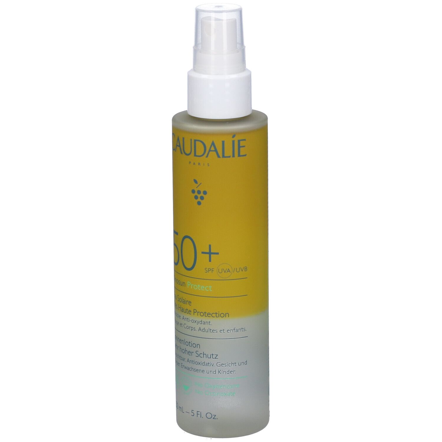 Spray solare. Scritte: Caudalie, 50+, Vinousun Protect, Eau Solaire, SPF50+. Retro con testo.