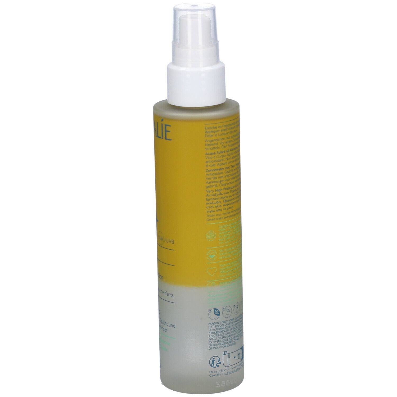 Spray solare. Scritte: Caudalie, 50+, Vinousun Protect, Eau Solaire, SPF50+. Retro con testo.