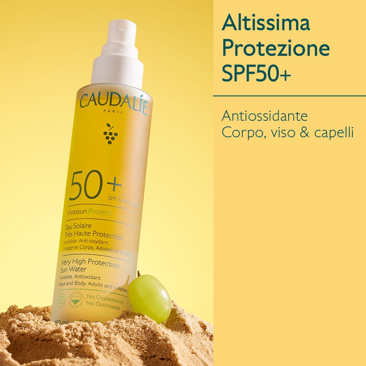 Spray solare su sabbia. Scritte: Caudalie, 50+, Vinousun Protect, Eau Solaire, SPF50+. Testo: Altissima Protezione SPF50+.