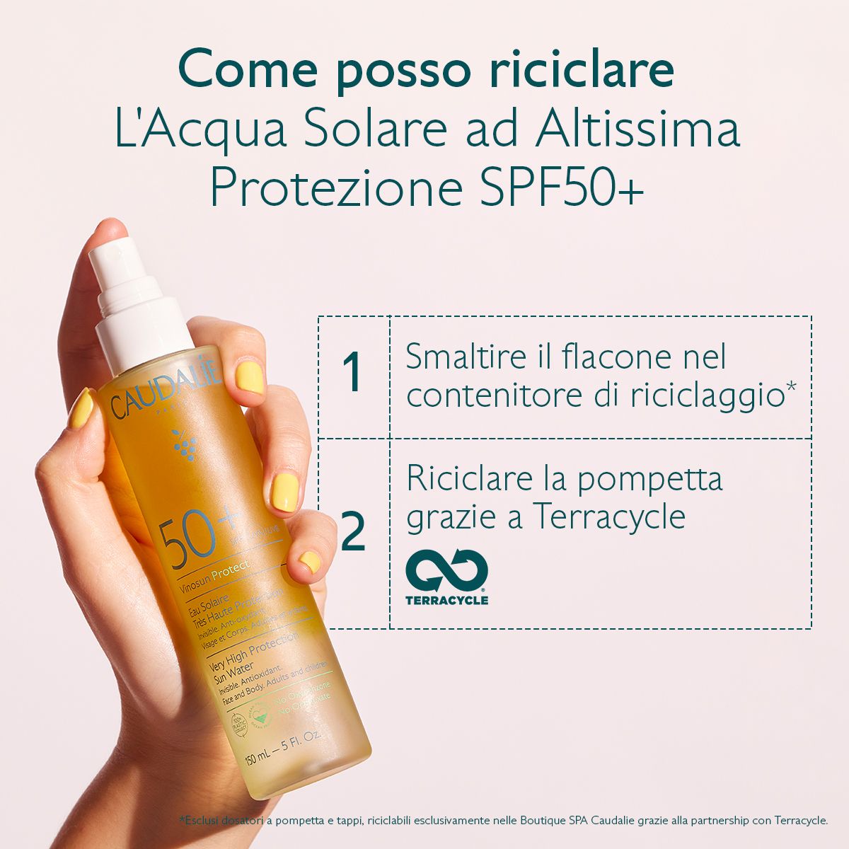 Spray solare. Scritte: Caudalie, 50+, Vinousun Protect. Testo: Come posso riciclare L'Acqua Solare ad Altissima Protezione SPF50+.