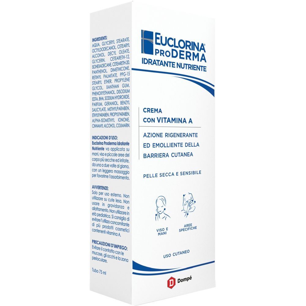 Confezione crema Euclorina Proderma. Contiene ingredienti, indicazioni e avvertenze. Logo Dompé.