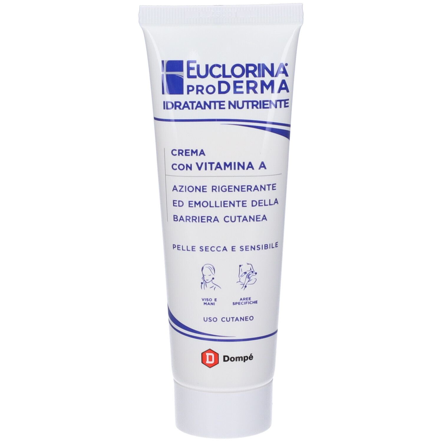 Tubo crema Euclorina Proderma. Tubo bianco con scritte blu. Contiene vitamina A. Logo Dompé.