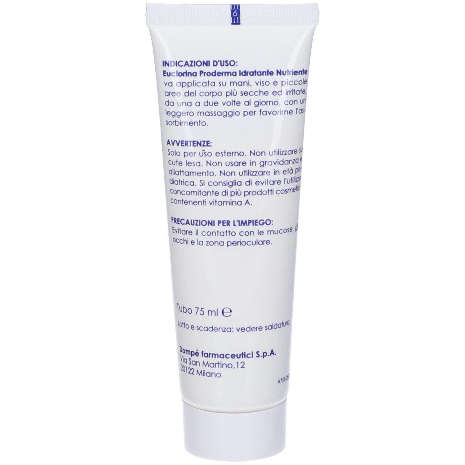 Retro del tubo crema Euclorina Proderma. Contiene istruzioni per l'uso e avvertenze. 75 ml.