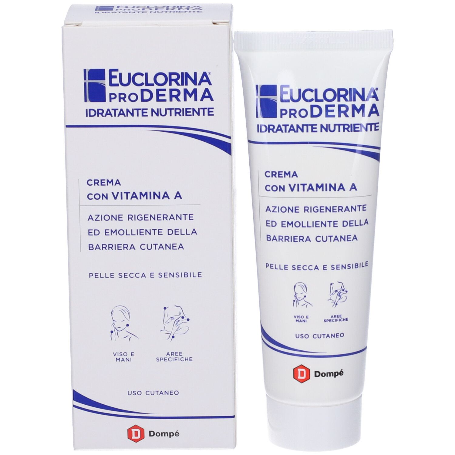 Confezione e tubo crema Euclorina Proderma. Tubo crema accanto alla confezione. Contiene vitamina A. Logo Dompé.