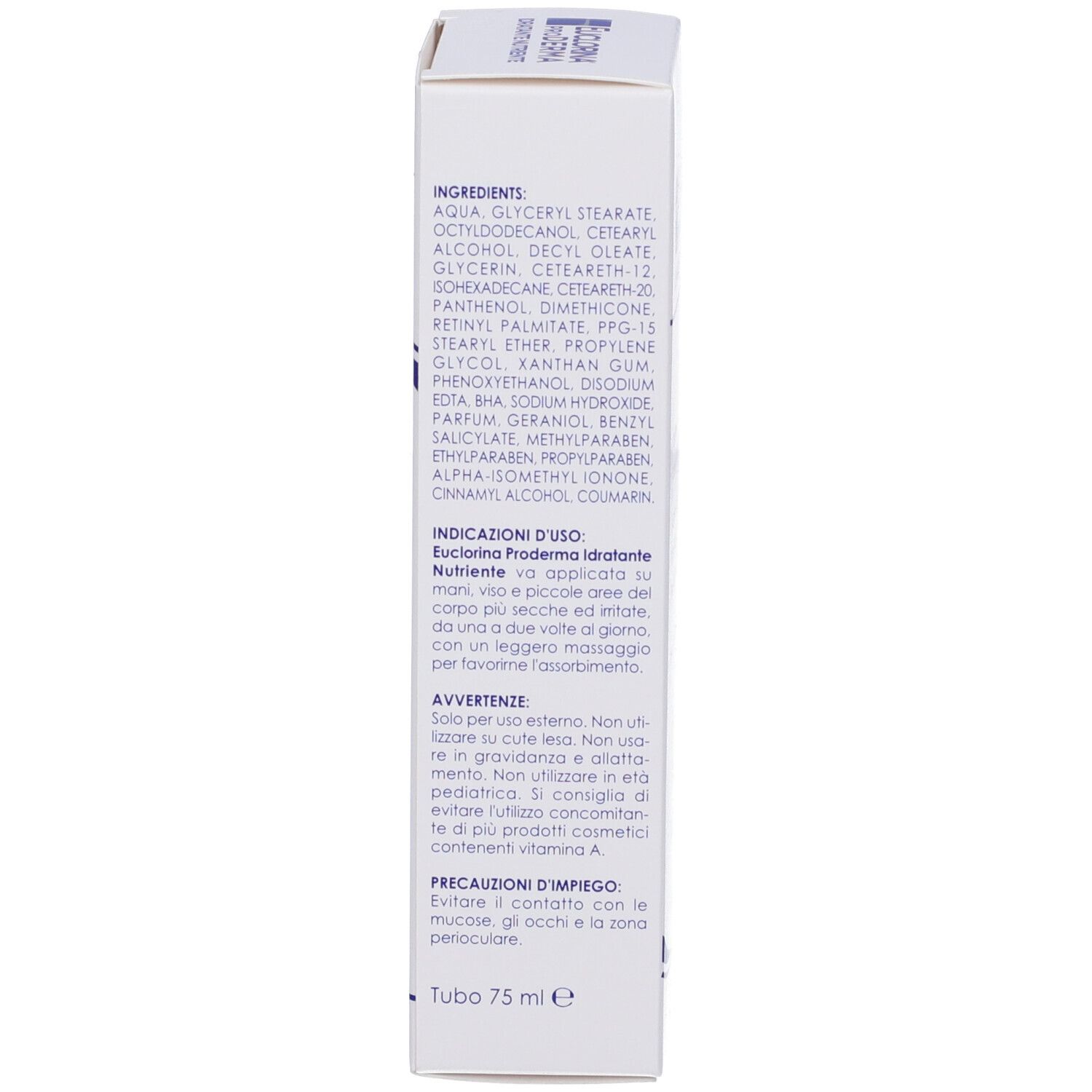 Lato della confezione crema Euclorina Proderma. Contiene ingredienti, istruzioni per l'uso e avvertenze.