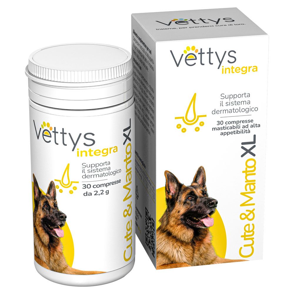 Barattolo bianco con compresse. Scritta: Vettys Integra Cute & Manto XL. Immagine di un cane.