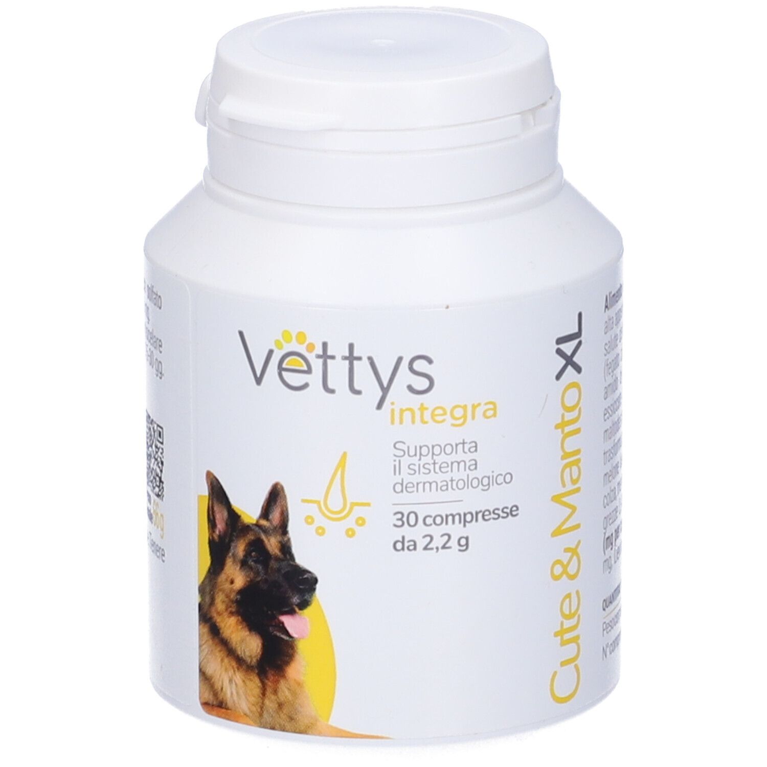 Flacone di compresse bianco. Scritta: Vettys Integra Cute & Manto XL. Immagine di un cane.