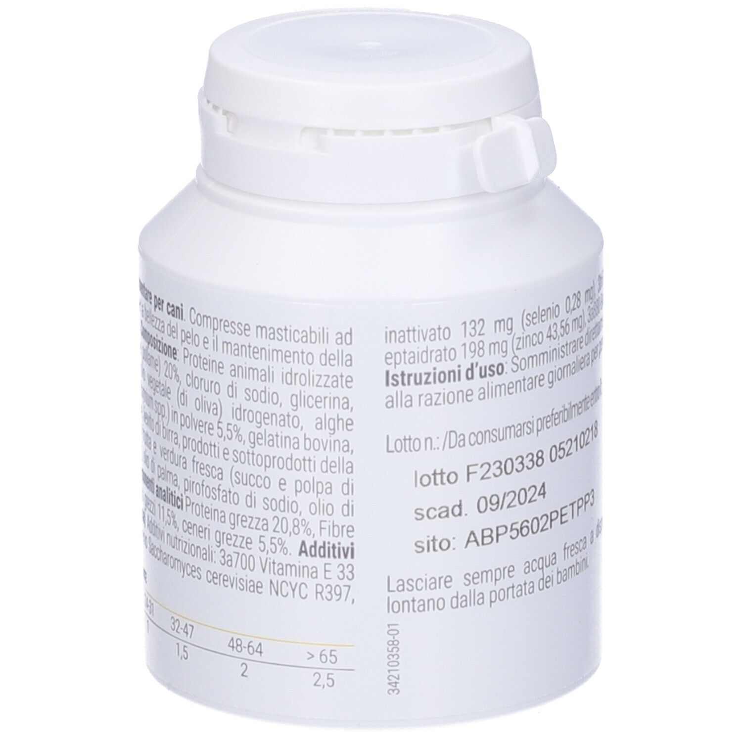 Retro del flacone di compresse. Testo: Vettys Integra Cute & Manto XL. Ingredienti e utilizzo.